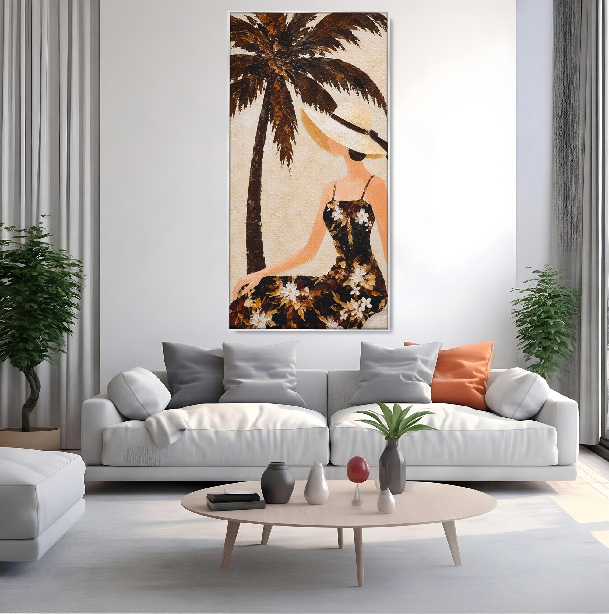 Tablou Canvas Premium LuxCanva® G1252, Femeie Eleganta Sub Palmier, Femeie, Eleganta, Palmier, Plaja, Living, Culori Vibrante