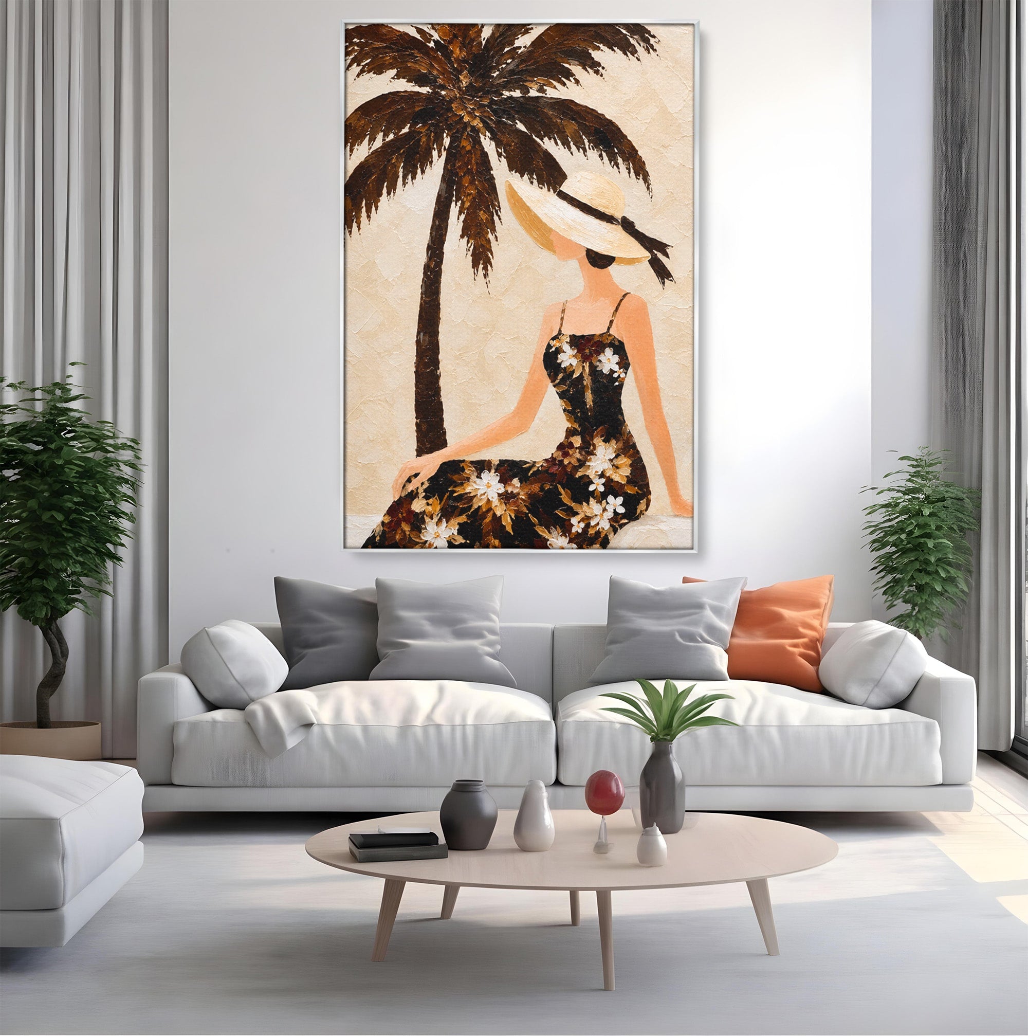 Tablou Canvas Premium LuxCanva® G1252, Femeie Eleganta Sub Palmier, Femeie, Eleganta, Palmier, Plaja, Living, Culori Vibrante