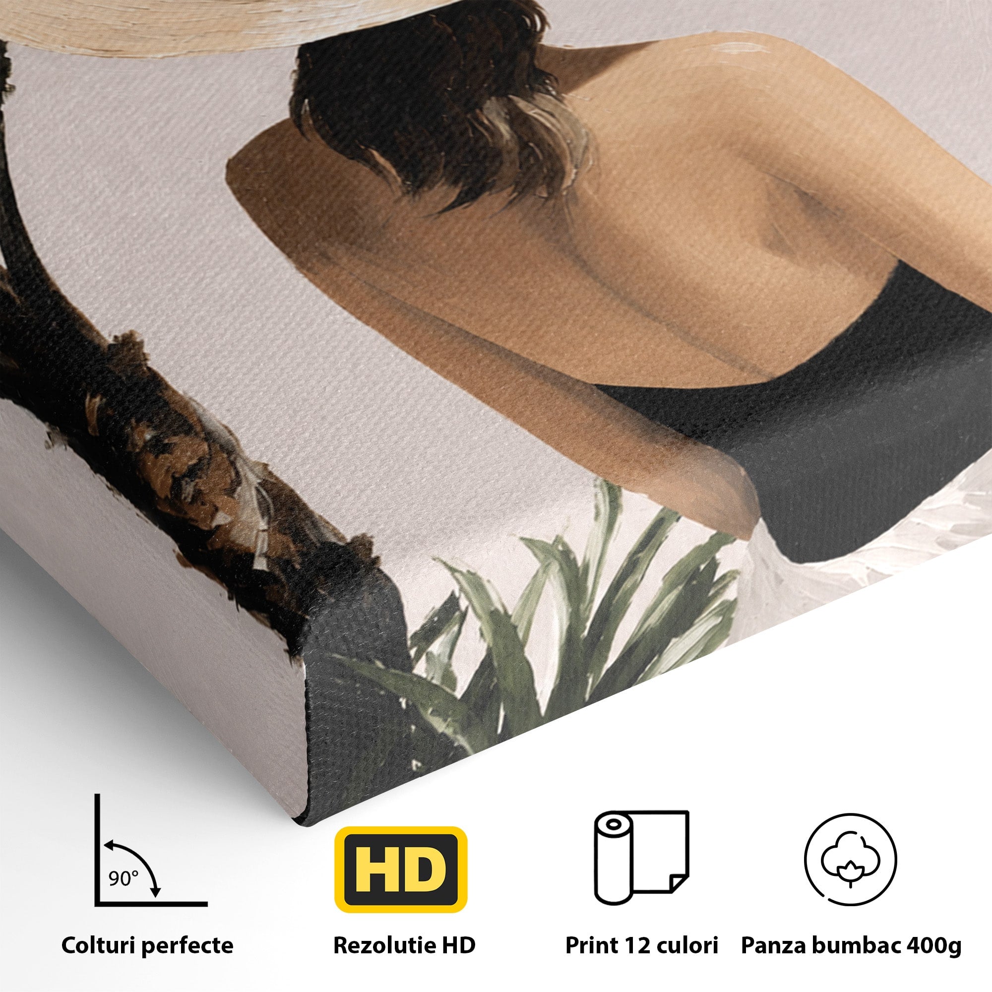 Tablou Canvas Premium LuxCanva® G1253, Femeie La Plaja, Femeie, Plaja, Palarii, Relaxare, Living, Culori Vibrante