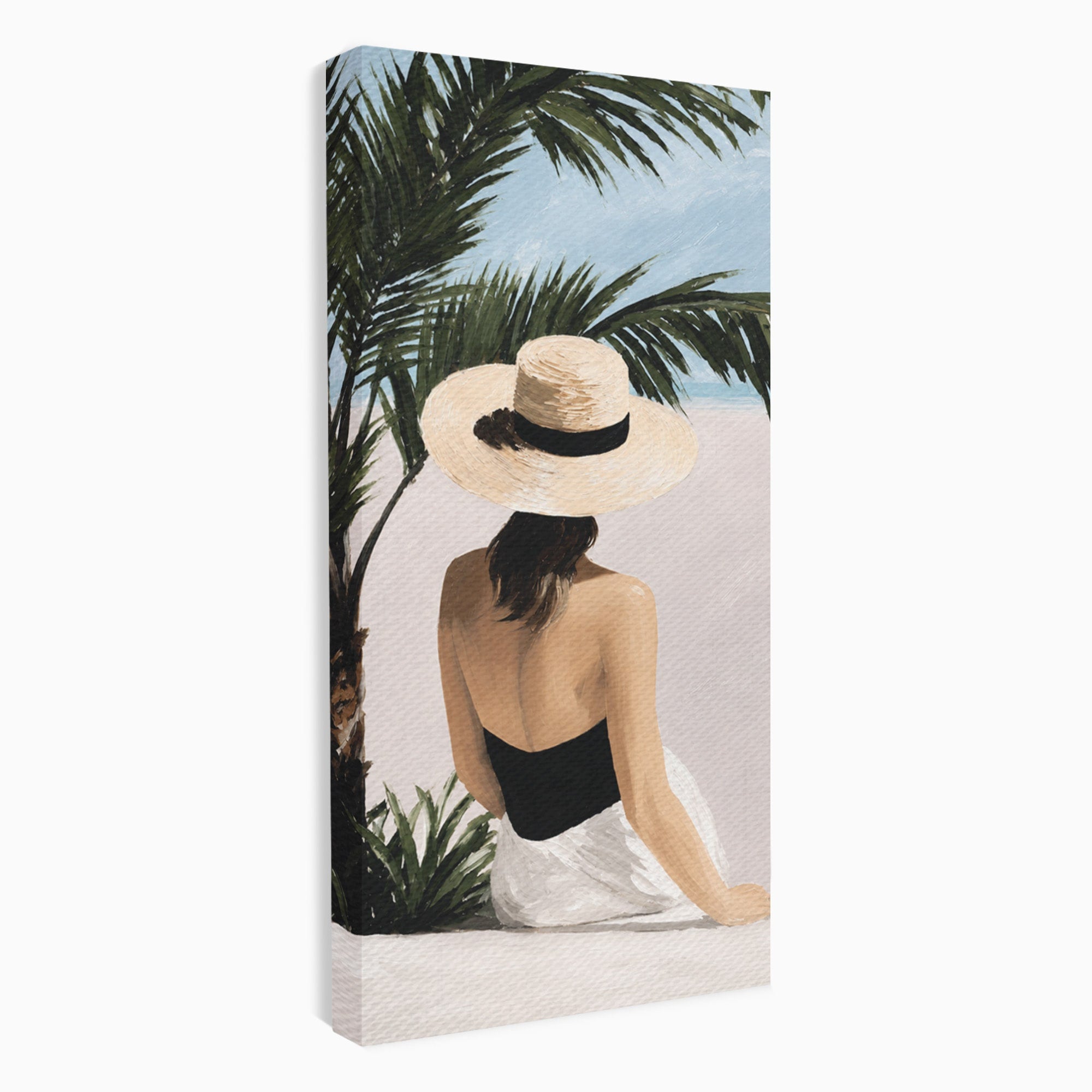 Tablou Canvas Premium LuxCanva® G1253, Femeie La Plaja, Femeie, Plaja, Palarii, Relaxare, Living, Culori Vibrante