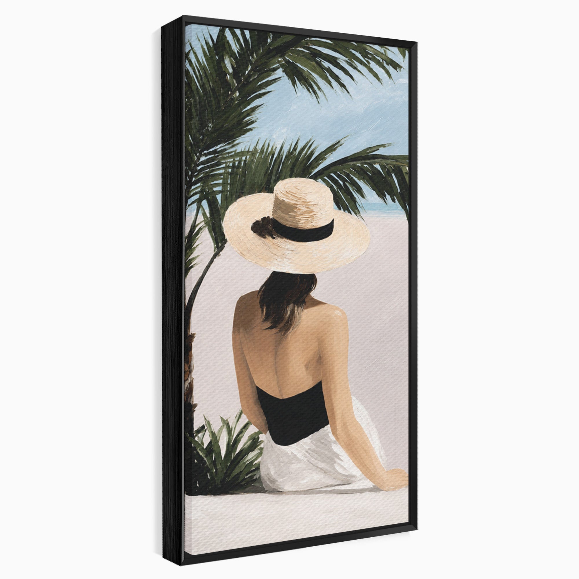 Tablou Canvas Premium LuxCanva® G1253, Femeie La Plaja, Femeie, Plaja, Palarii, Relaxare, Living, Culori Vibrante
