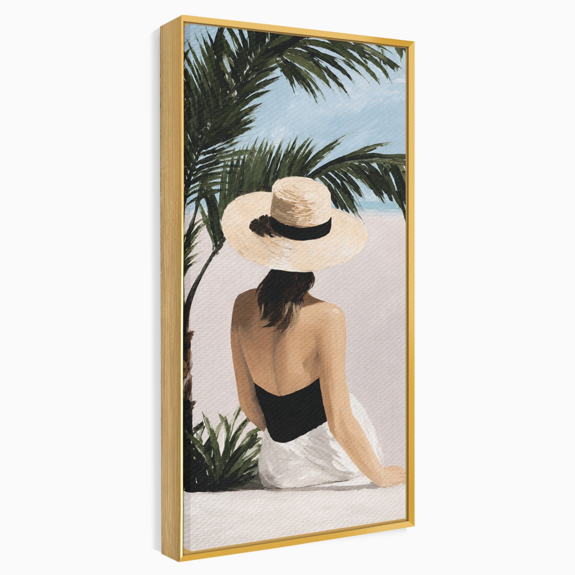 Tablou Canvas Premium LuxCanva® G1253, Femeie La Plaja, Femeie, Plaja, Palarii, Relaxare, Living, Culori Vibrante