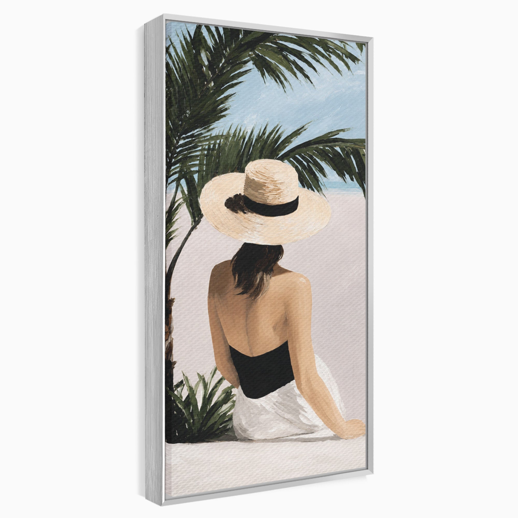 Tablou Canvas Premium LuxCanva® G1253, Femeie La Plaja, Femeie, Plaja, Palarii, Relaxare, Living, Culori Vibrante