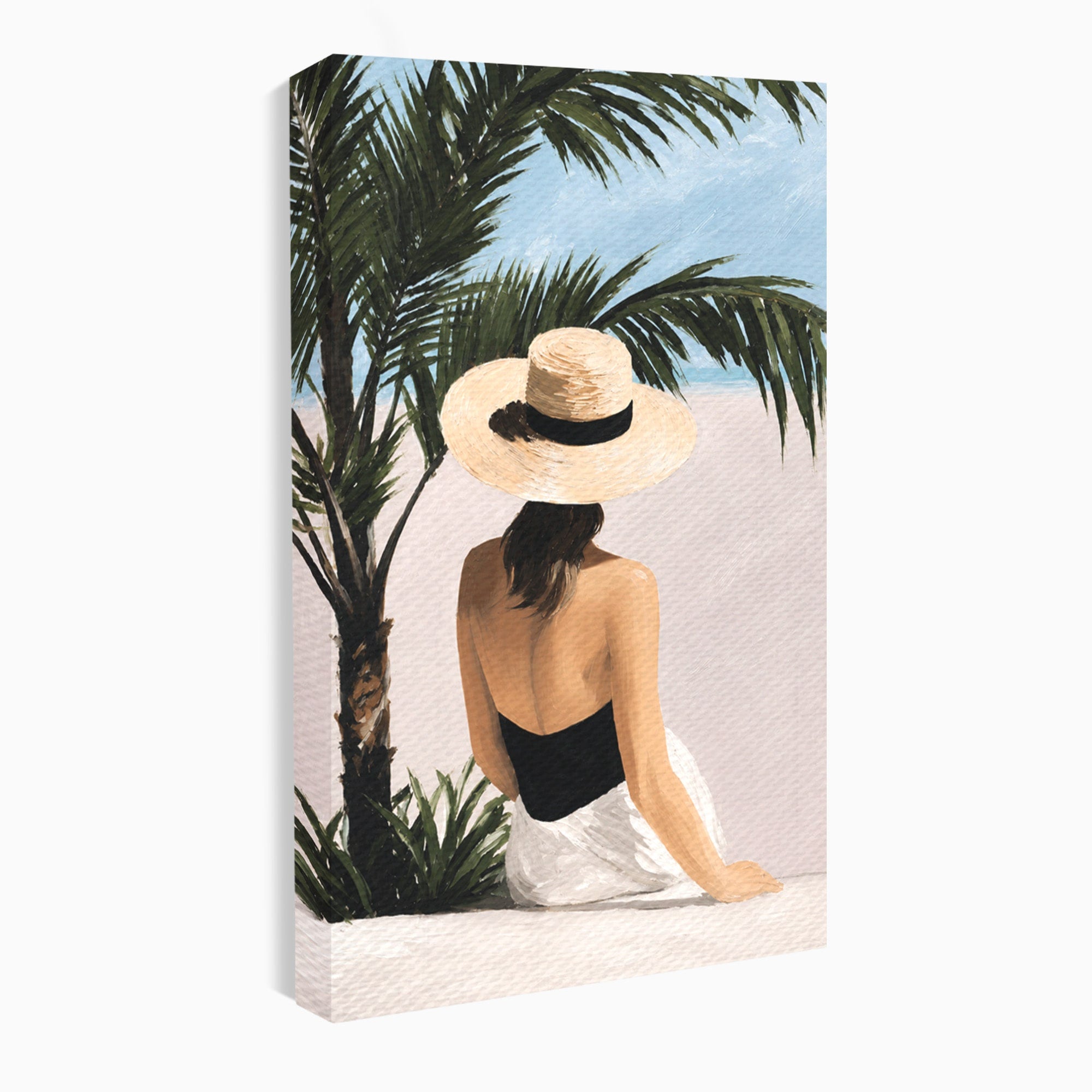 Tablou Canvas Premium LuxCanva® G1253, Femeie La Plaja, Femeie, Plaja, Palarii, Relaxare, Living, Culori Vibrante