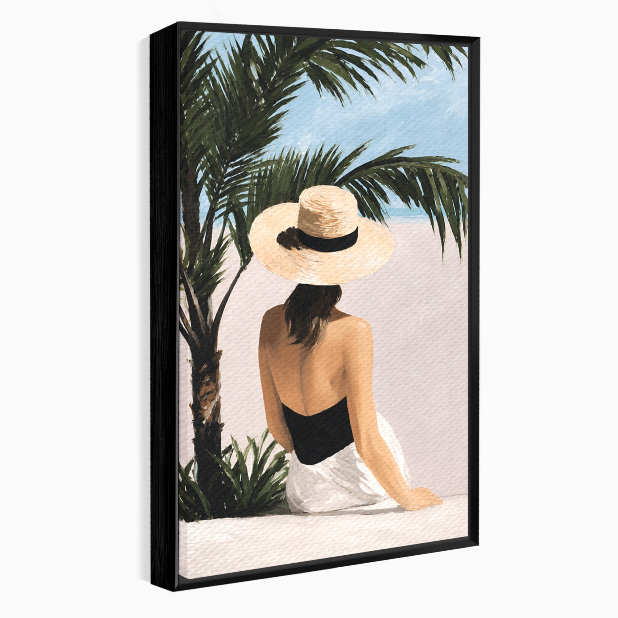 Tablou Canvas Premium LuxCanva® G1253, Femeie La Plaja, Femeie, Plaja, Palarii, Relaxare, Living, Culori Vibrante