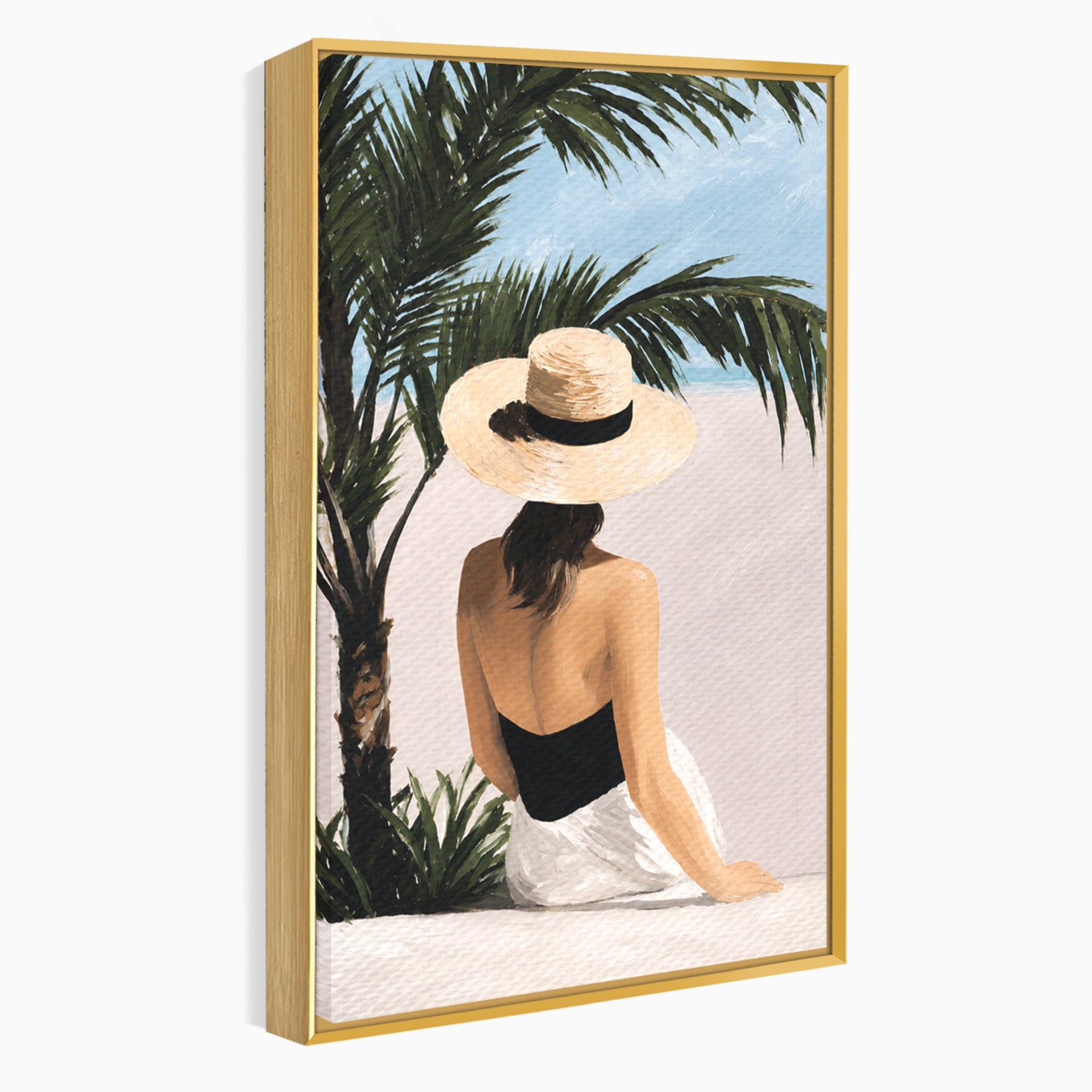Tablou Canvas Premium LuxCanva® G1253, Femeie La Plaja, Femeie, Plaja, Palarii, Relaxare, Living, Culori Vibrante