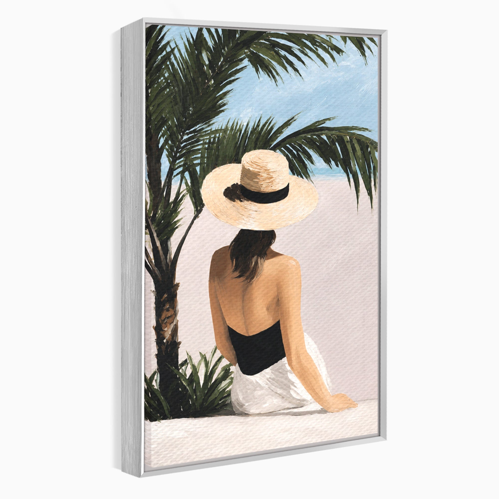 Tablou Canvas Premium LuxCanva® G1253, Femeie La Plaja, Femeie, Plaja, Palarii, Relaxare, Living, Culori Vibrante