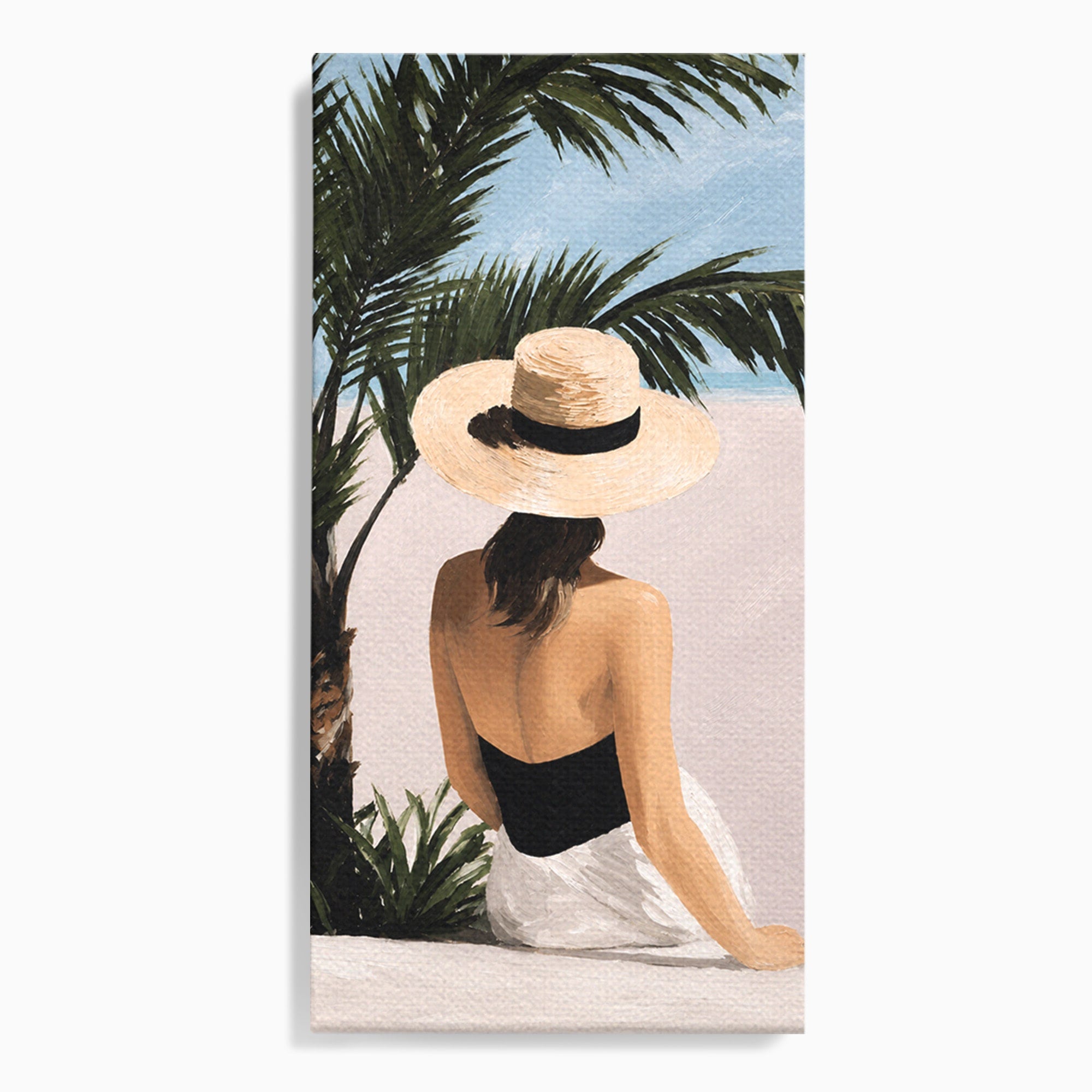 Tablou Canvas Premium LuxCanva® G1253, Femeie La Plaja, Femeie, Plaja, Palarii, Relaxare, Living, Culori Vibrante