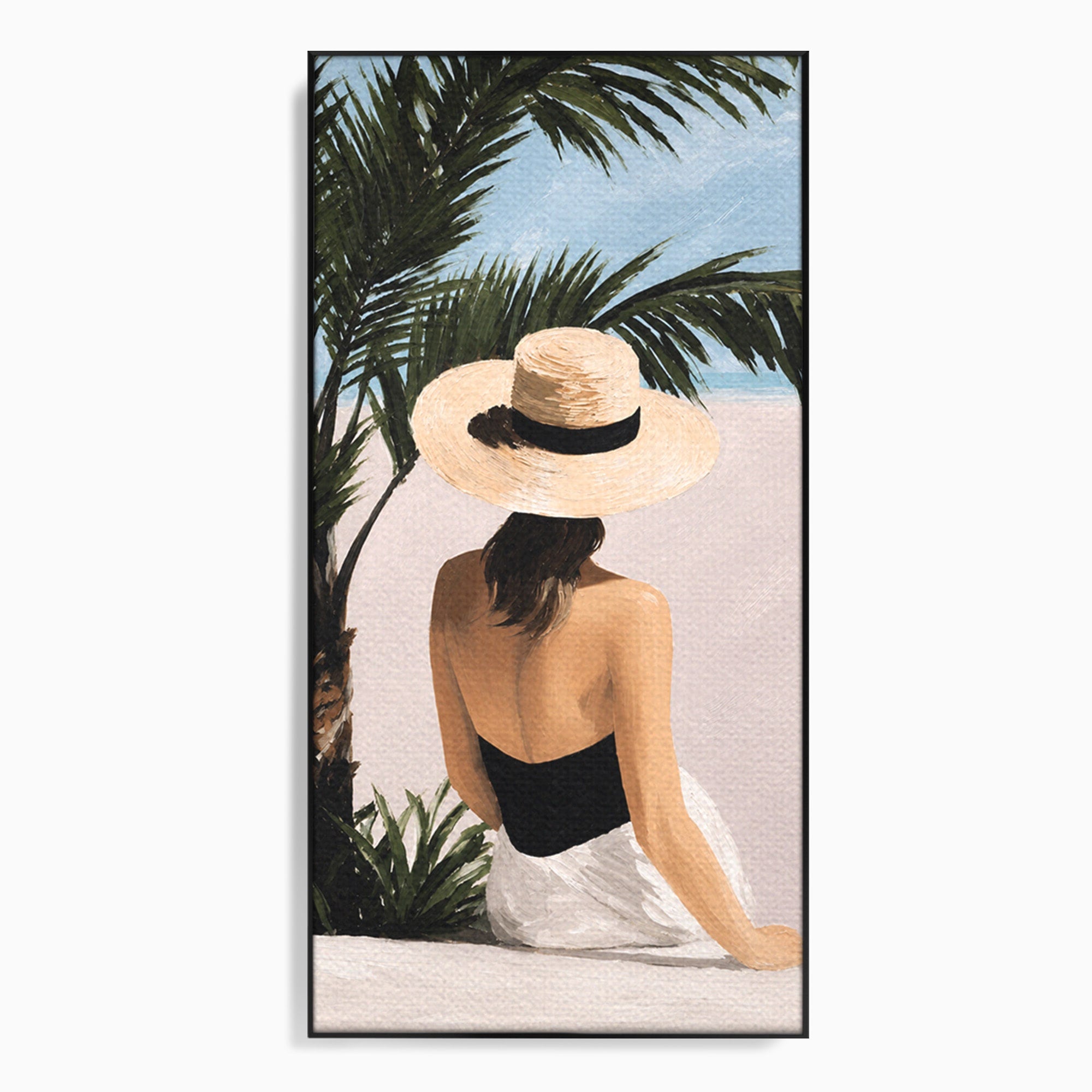 Tablou Canvas Premium LuxCanva® G1253, Femeie La Plaja, Femeie, Plaja, Palarii, Relaxare, Living, Culori Vibrante
