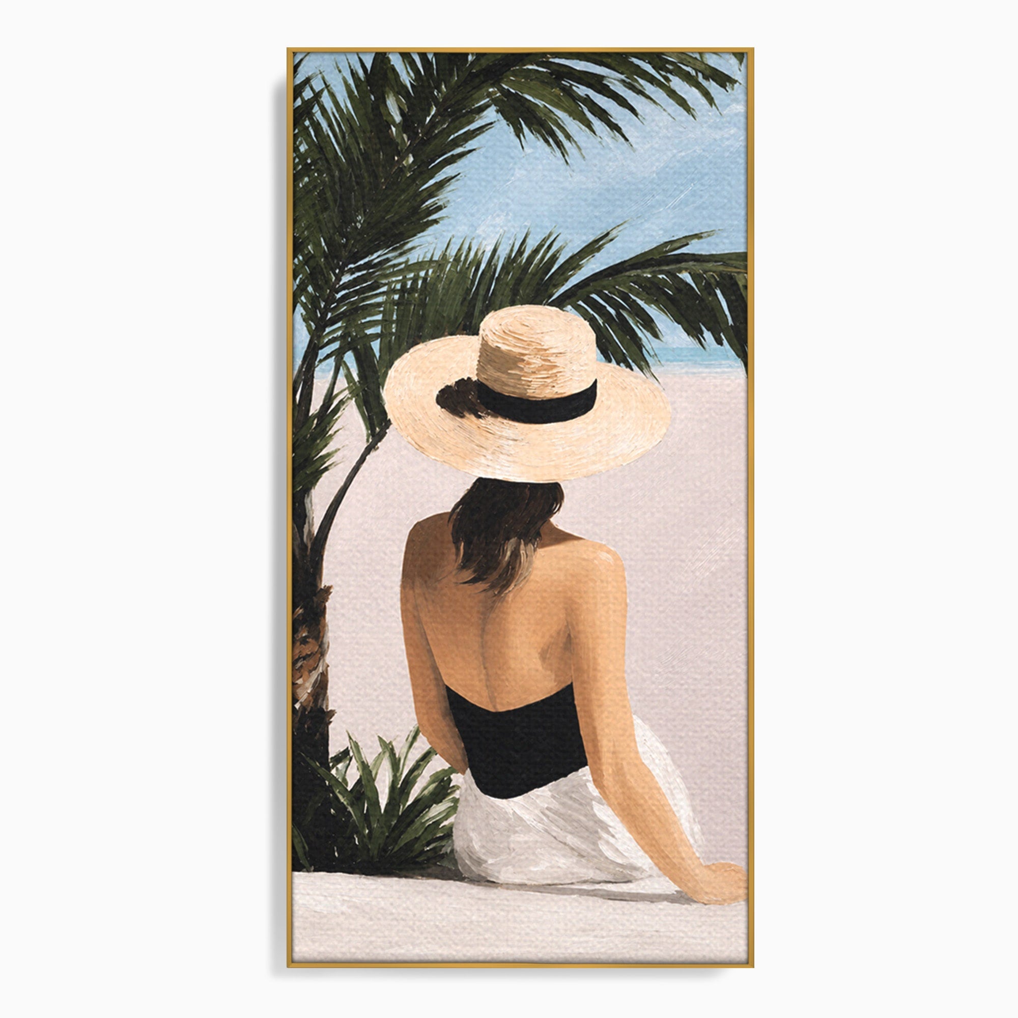 Tablou Canvas Premium LuxCanva® G1253, Femeie La Plaja, Femeie, Plaja, Palarii, Relaxare, Living, Culori Vibrante