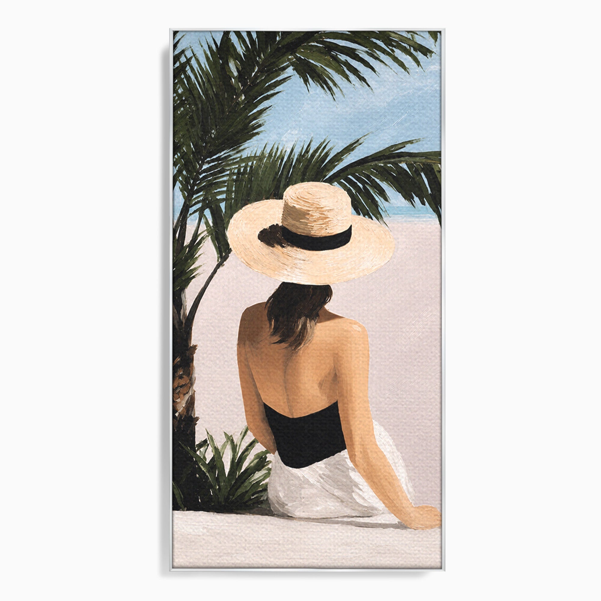 Tablou Canvas Premium LuxCanva® G1253, Femeie La Plaja, Femeie, Plaja, Palarii, Relaxare, Living, Culori Vibrante