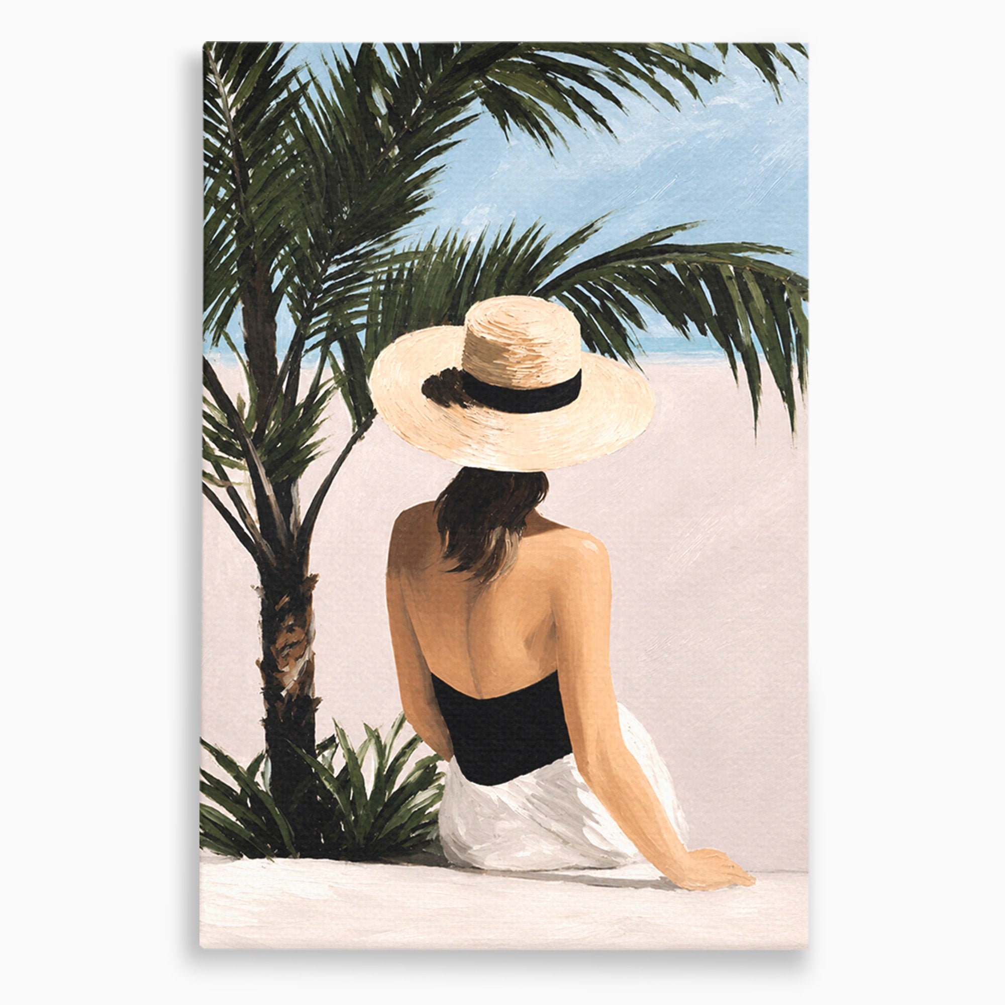 Tablou Canvas Premium LuxCanva® G1253, Femeie La Plaja, Femeie, Plaja, Palarii, Relaxare, Living, Culori Vibrante