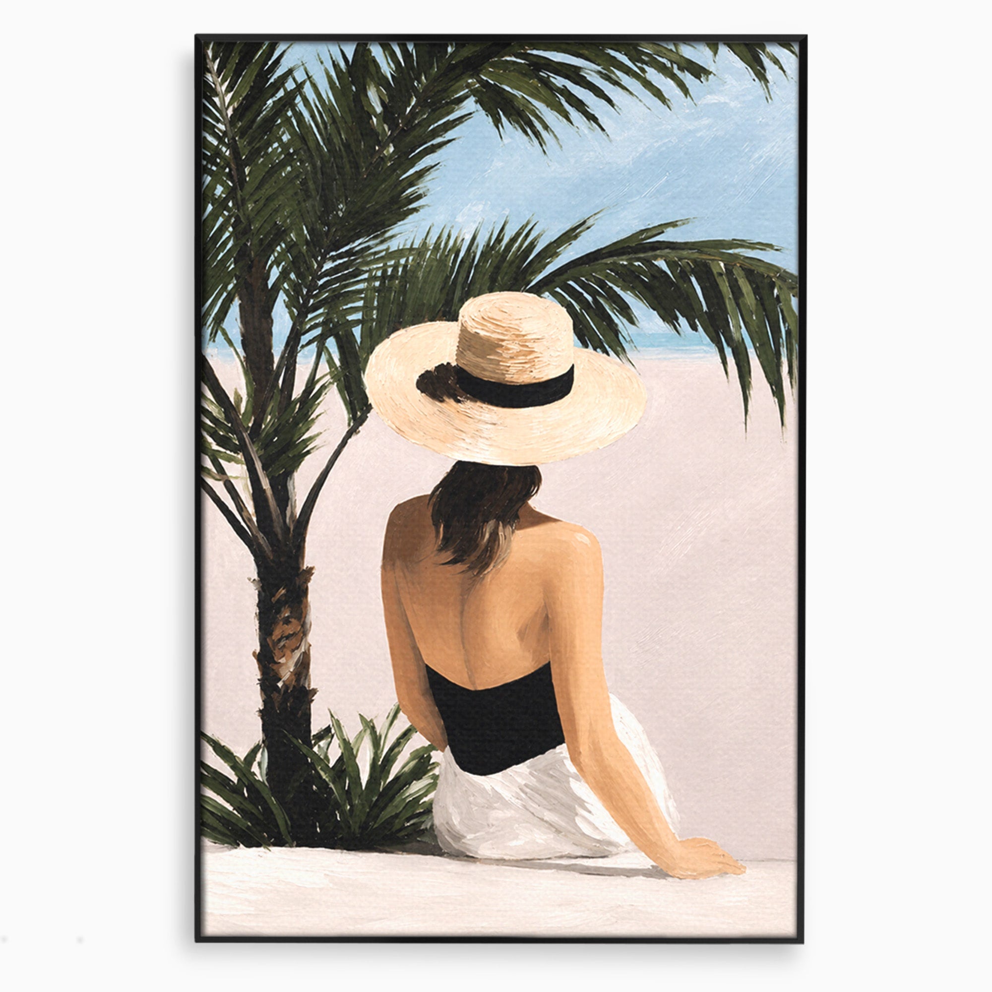 Tablou Canvas Premium LuxCanva® G1253, Femeie La Plaja, Femeie, Plaja, Palarii, Relaxare, Living, Culori Vibrante