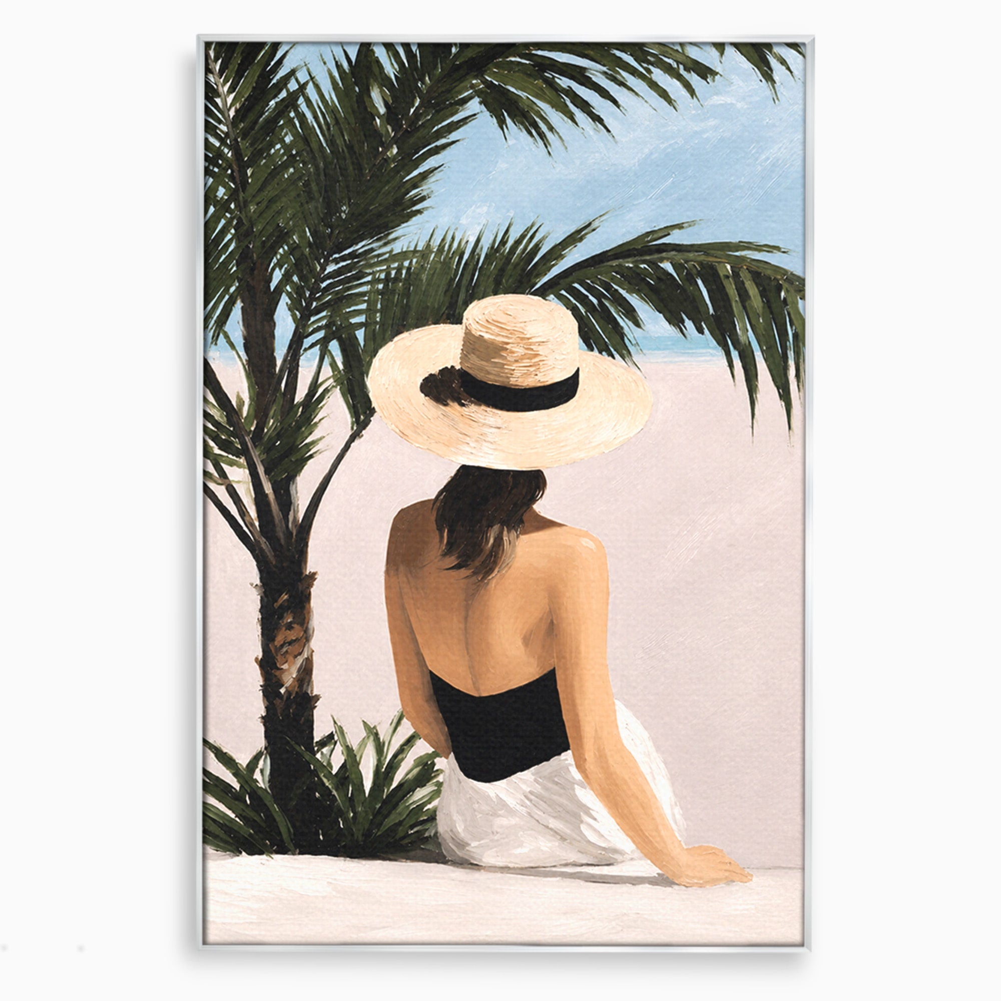 Tablou Canvas Premium LuxCanva® G1253, Femeie La Plaja, Femeie, Plaja, Palarii, Relaxare, Living, Culori Vibrante