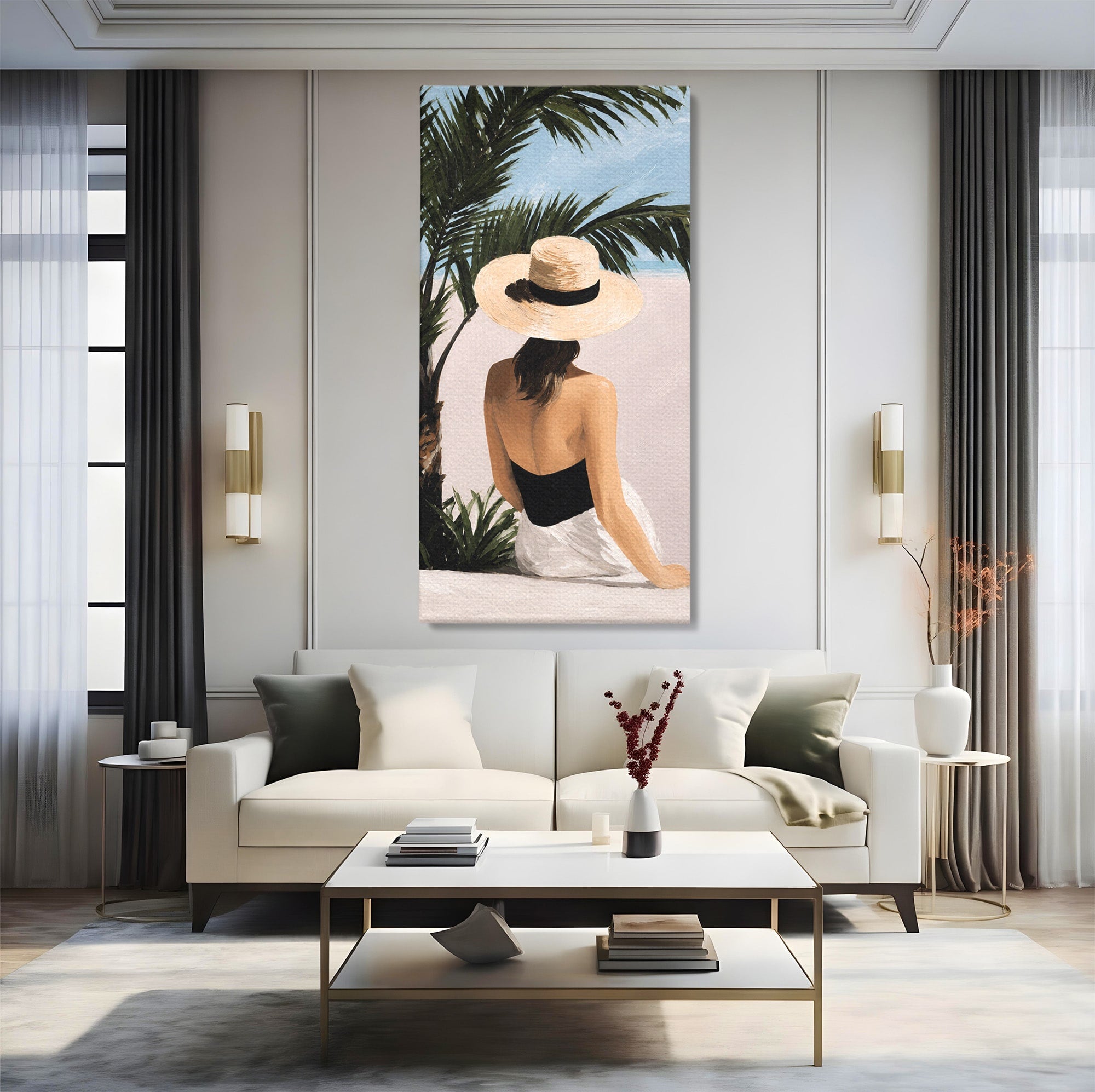Tablou Canvas Premium LuxCanva® G1253, Femeie La Plaja, Femeie, Plaja, Palarii, Relaxare, Living, Culori Vibrante