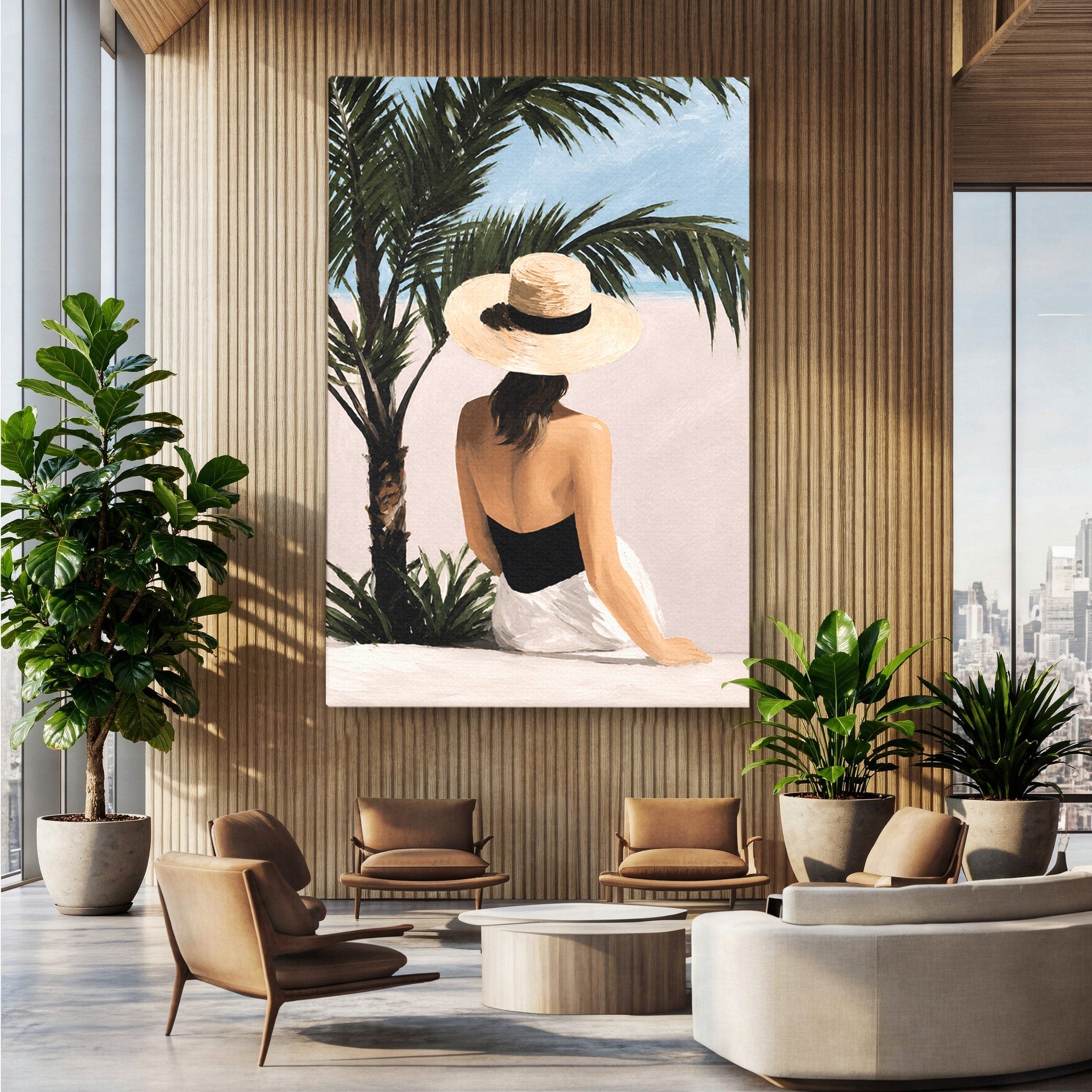 Tablou Canvas Premium LuxCanva® G1253, Femeie La Plaja, Femeie, Plaja, Palarii, Relaxare, Living, Culori Vibrante