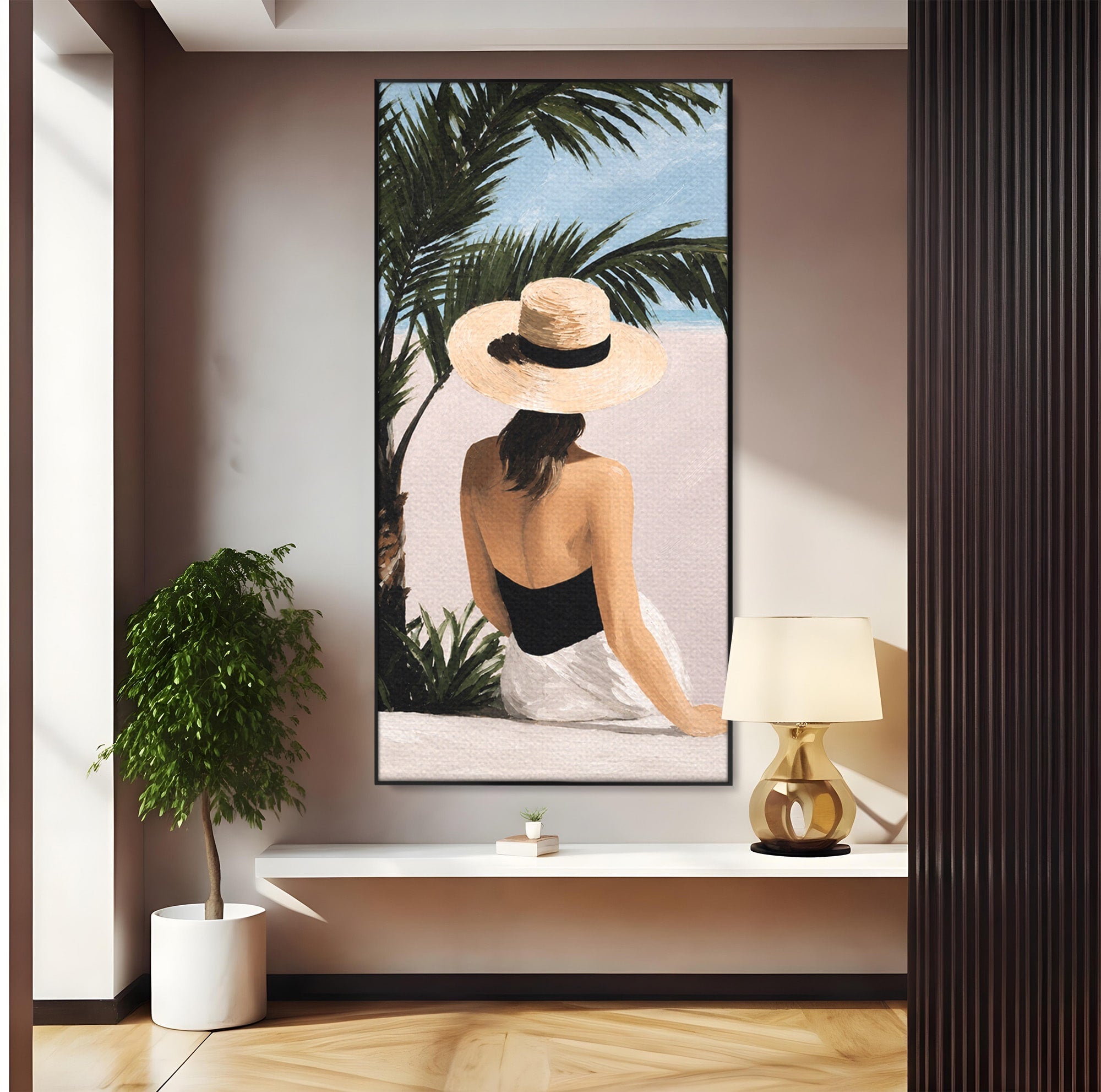 Tablou Canvas Premium LuxCanva® G1253, Femeie La Plaja, Femeie, Plaja, Palarii, Relaxare, Living, Culori Vibrante