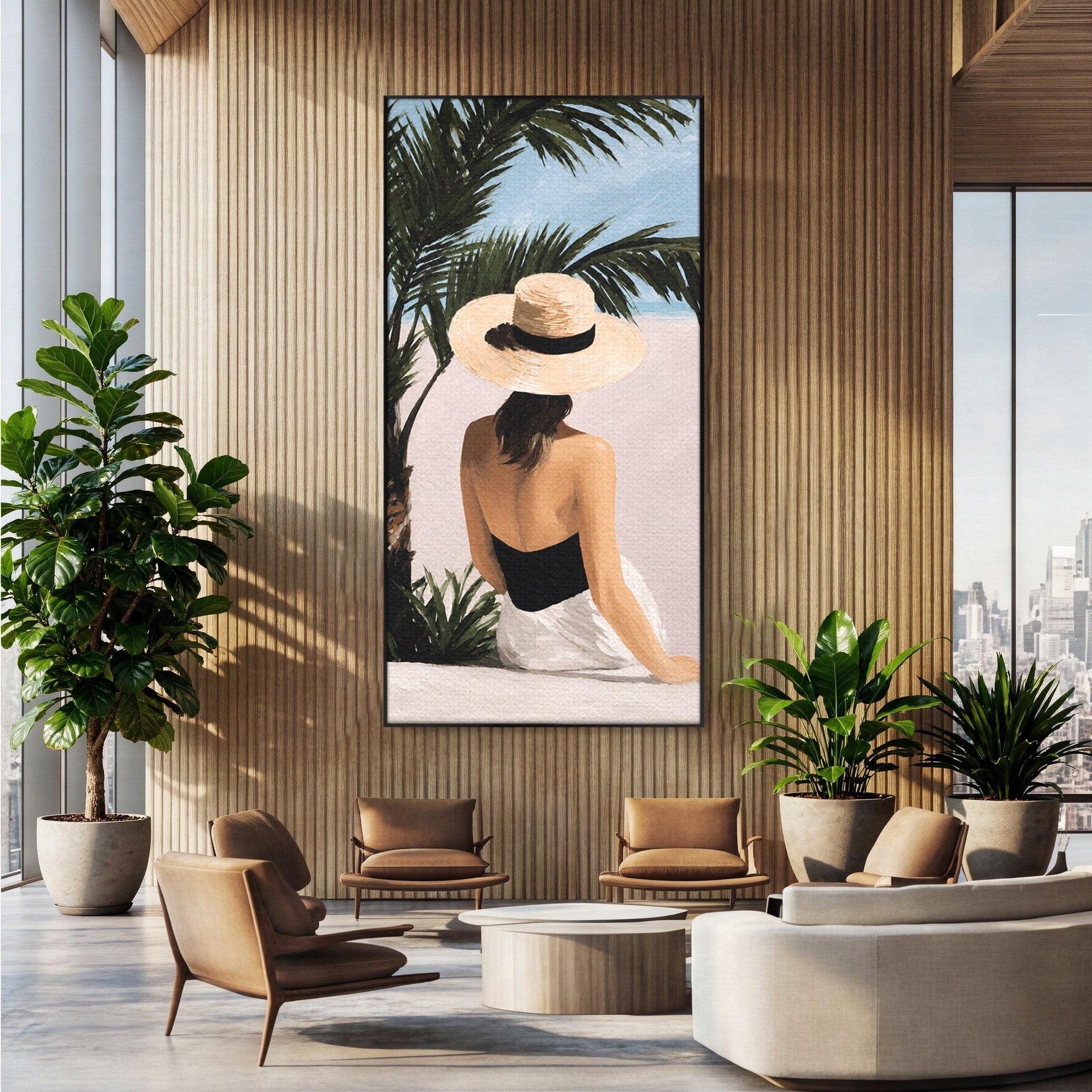 Tablou Canvas Premium LuxCanva® G1253, Femeie La Plaja, Femeie, Plaja, Palarii, Relaxare, Living, Culori Vibrante
