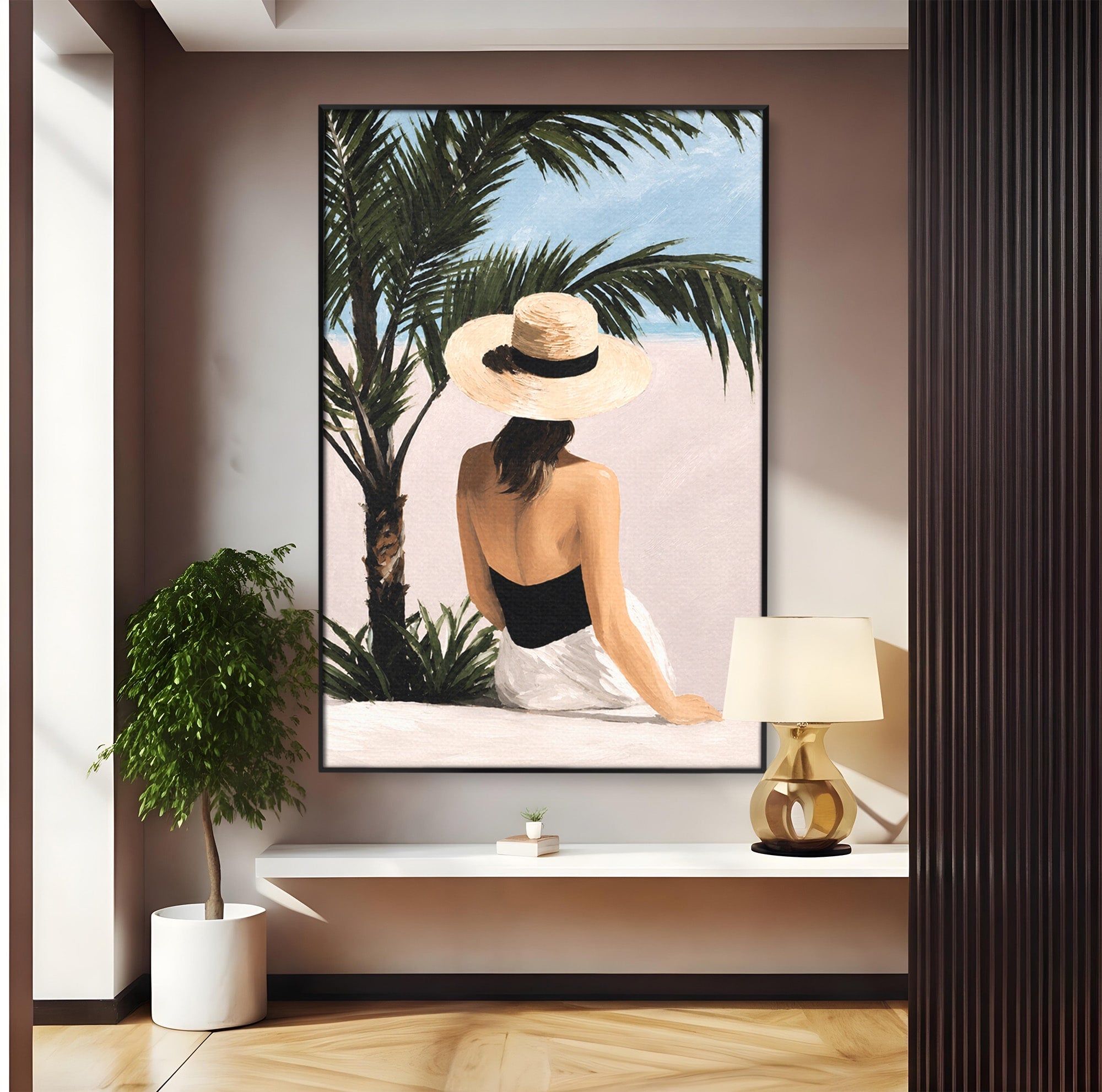 Tablou Canvas Premium LuxCanva® G1253, Femeie La Plaja, Femeie, Plaja, Palarii, Relaxare, Living, Culori Vibrante