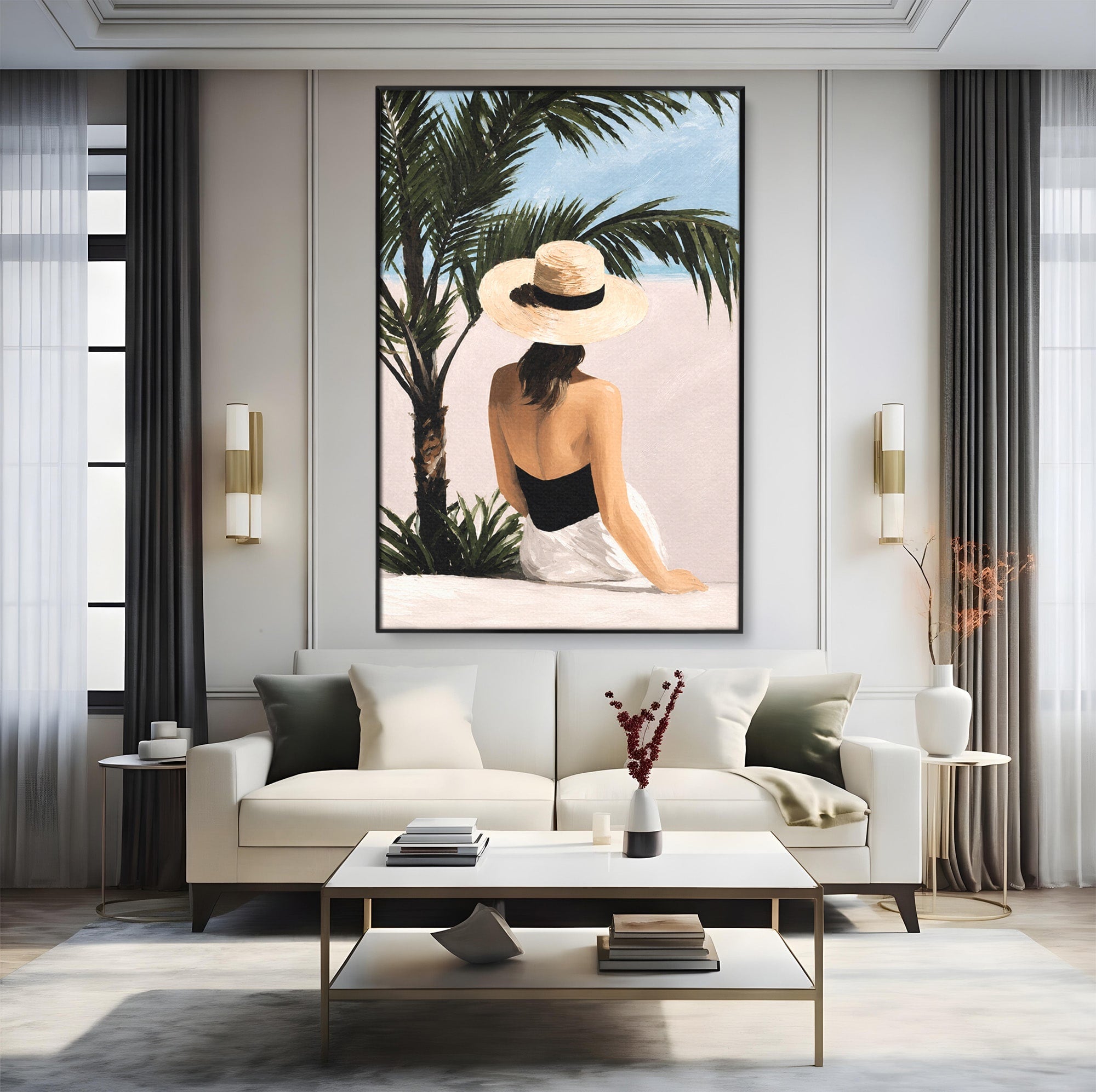 Tablou Canvas Premium LuxCanva® G1253, Femeie La Plaja, Femeie, Plaja, Palarii, Relaxare, Living, Culori Vibrante