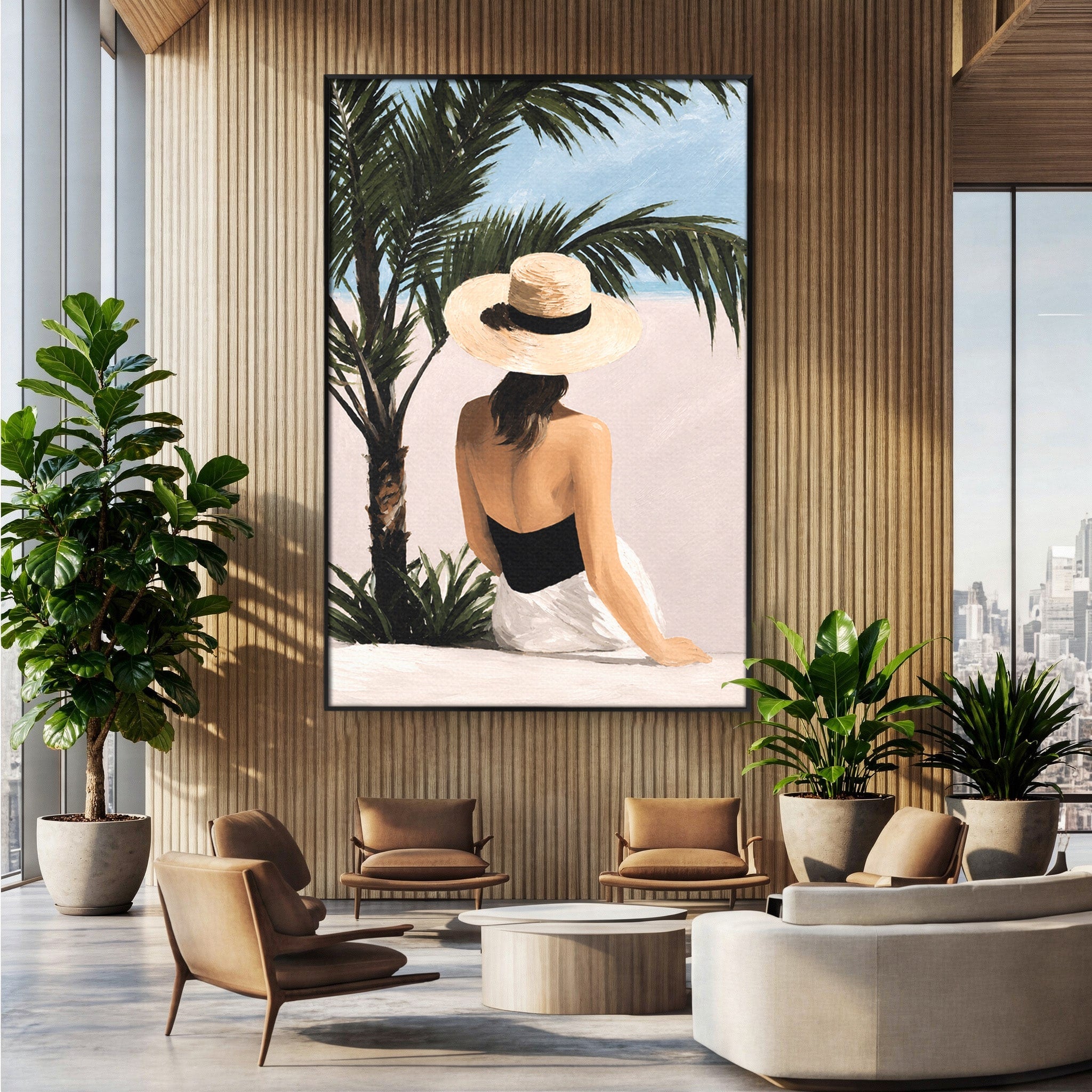 Tablou Canvas Premium LuxCanva® G1253, Femeie La Plaja, Femeie, Plaja, Palarii, Relaxare, Living, Culori Vibrante