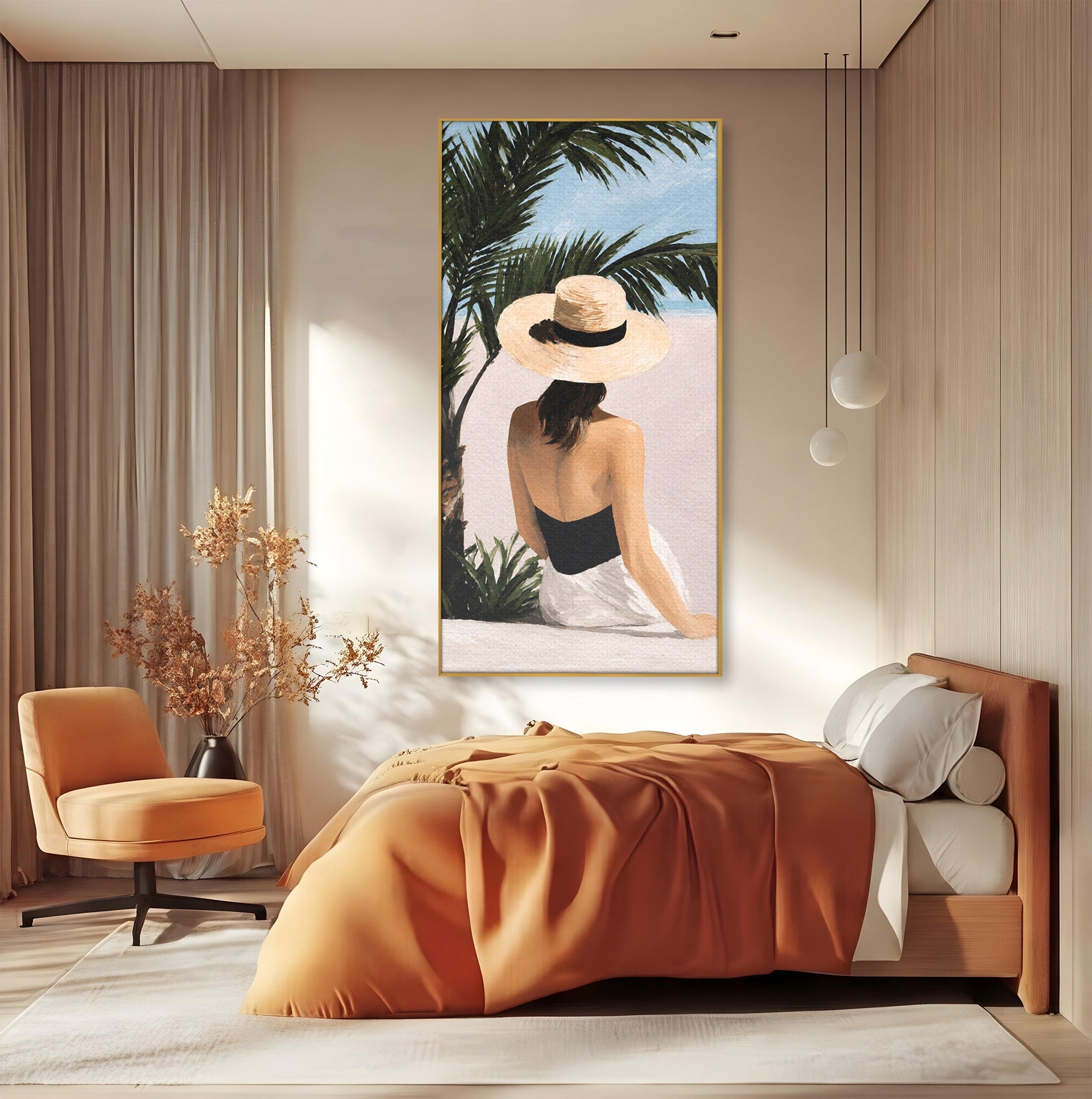 Tablou Canvas Premium LuxCanva® G1253, Femeie La Plaja, Femeie, Plaja, Palarii, Relaxare, Living, Culori Vibrante