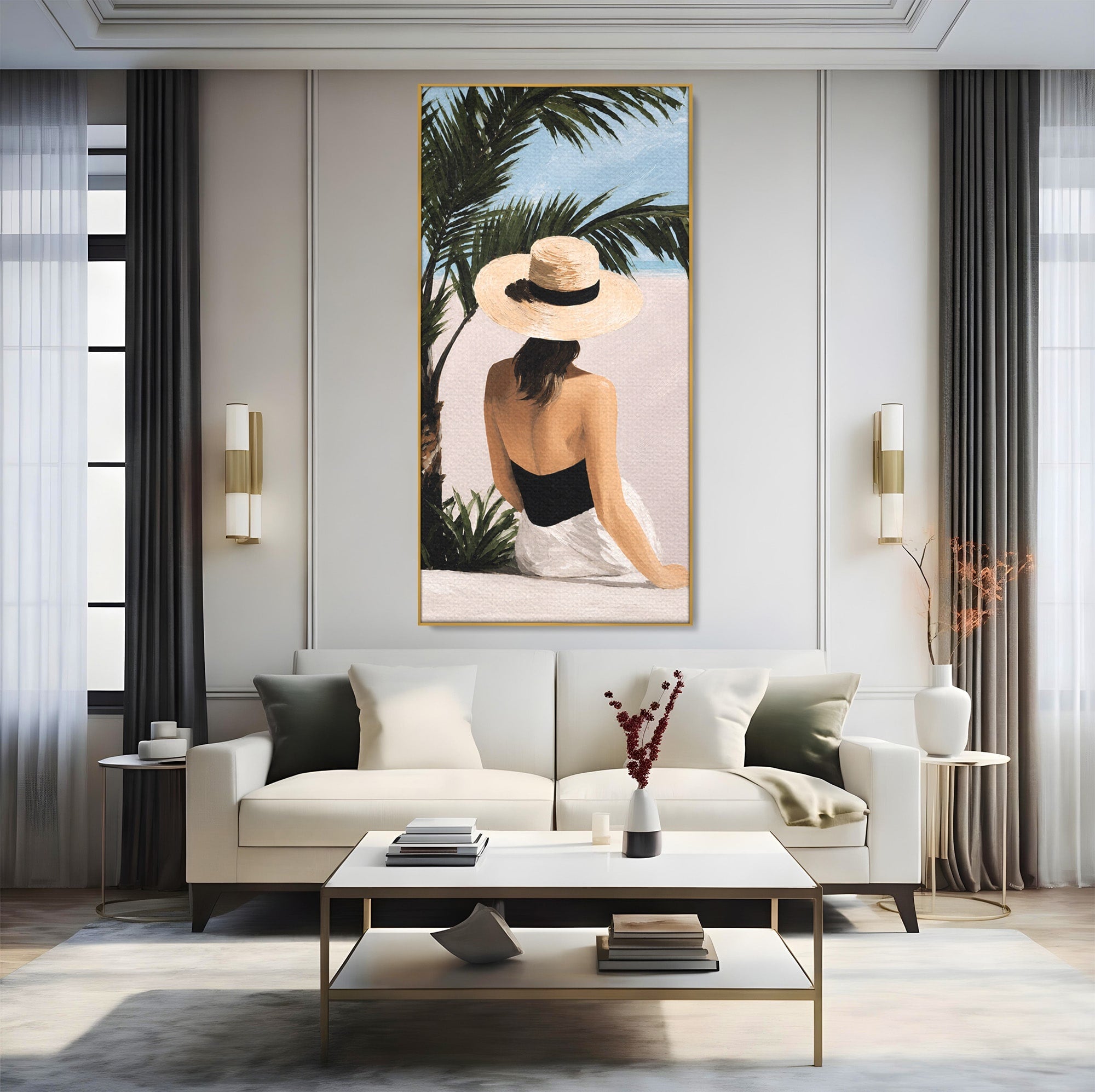Tablou Canvas Premium LuxCanva® G1253, Femeie La Plaja, Femeie, Plaja, Palarii, Relaxare, Living, Culori Vibrante