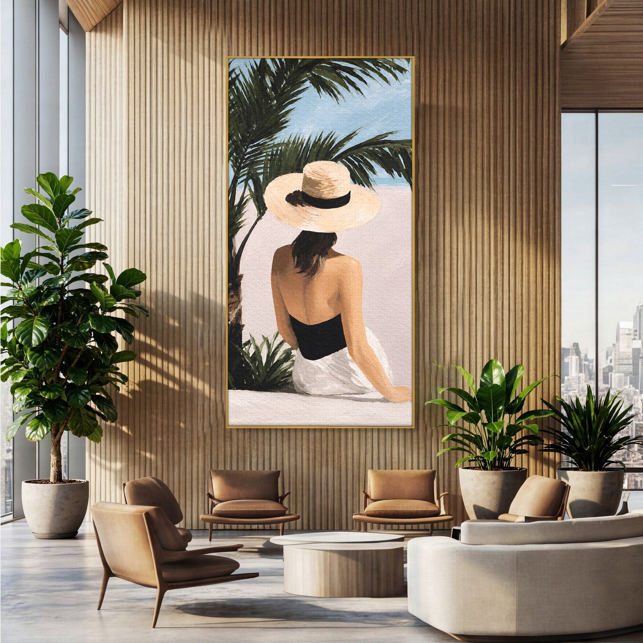 Tablou Canvas Premium LuxCanva® G1253, Femeie La Plaja, Femeie, Plaja, Palarii, Relaxare, Living, Culori Vibrante