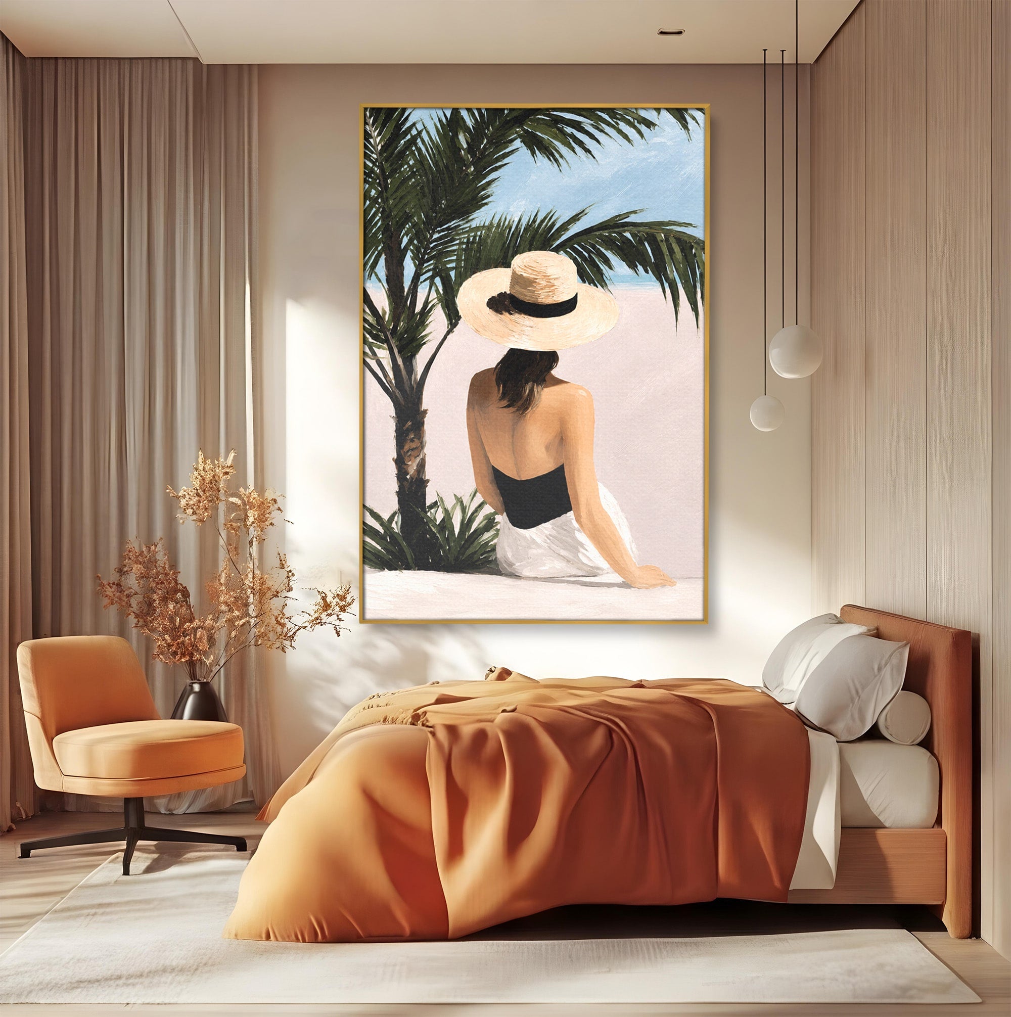 Tablou Canvas Premium LuxCanva® G1253, Femeie La Plaja, Femeie, Plaja, Palarii, Relaxare, Living, Culori Vibrante