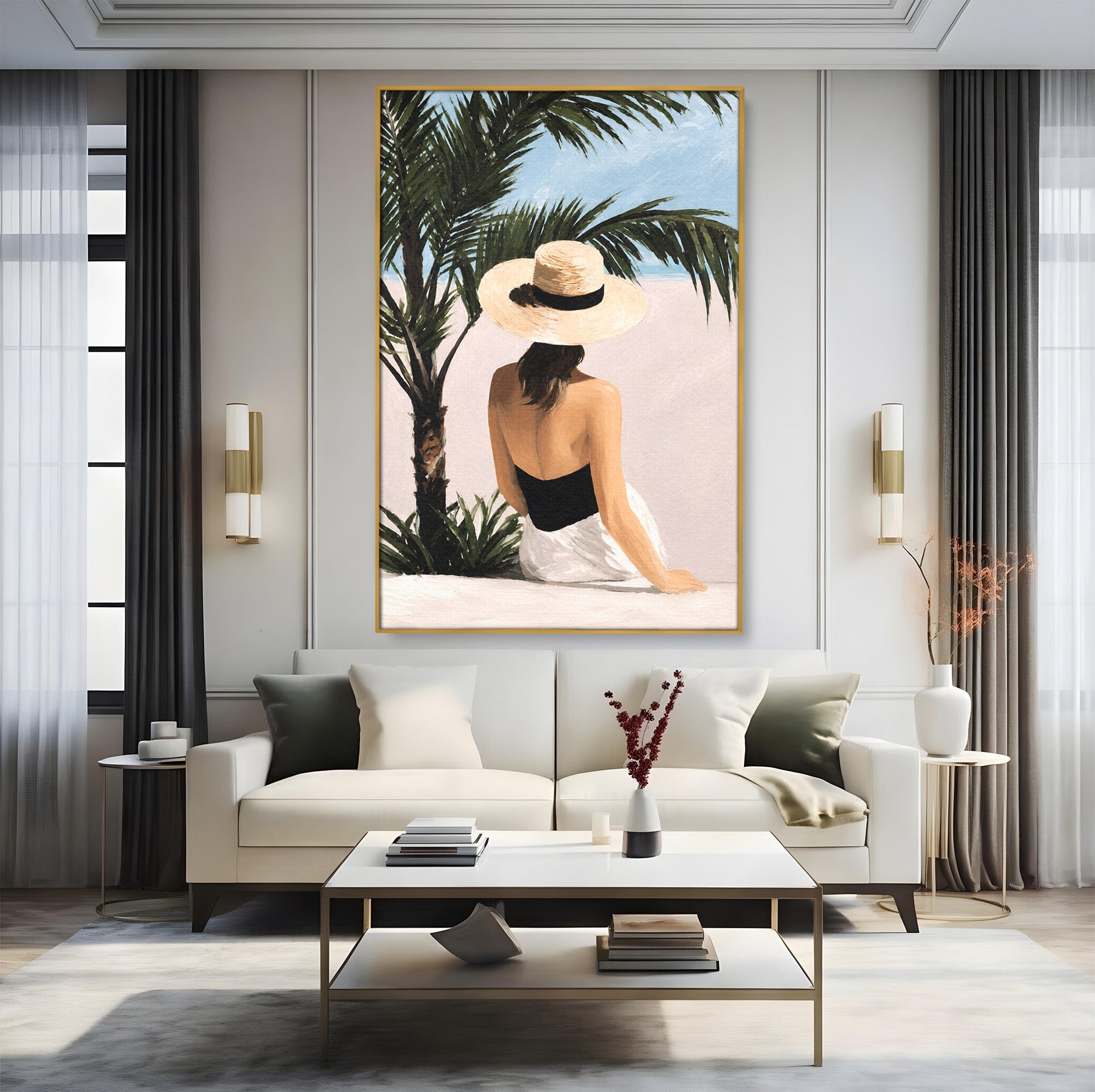 Tablou Canvas Premium LuxCanva® G1253, Femeie La Plaja, Femeie, Plaja, Palarii, Relaxare, Living, Culori Vibrante
