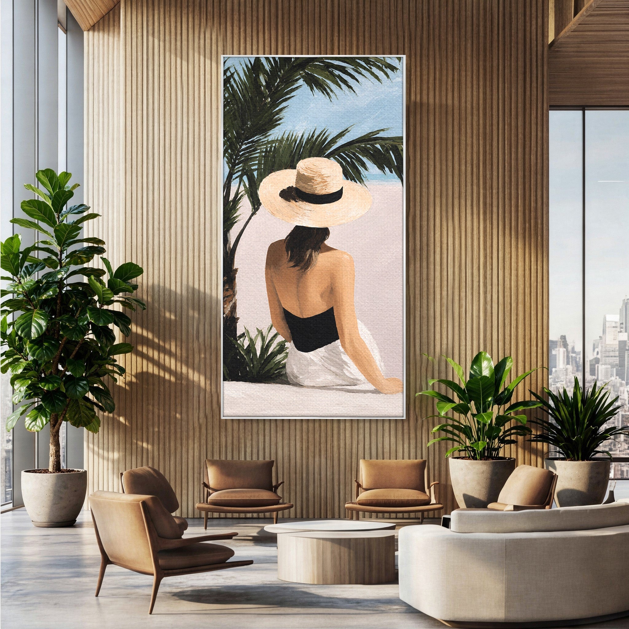 Tablou Canvas Premium LuxCanva® G1253, Femeie La Plaja, Femeie, Plaja, Palarii, Relaxare, Living, Culori Vibrante