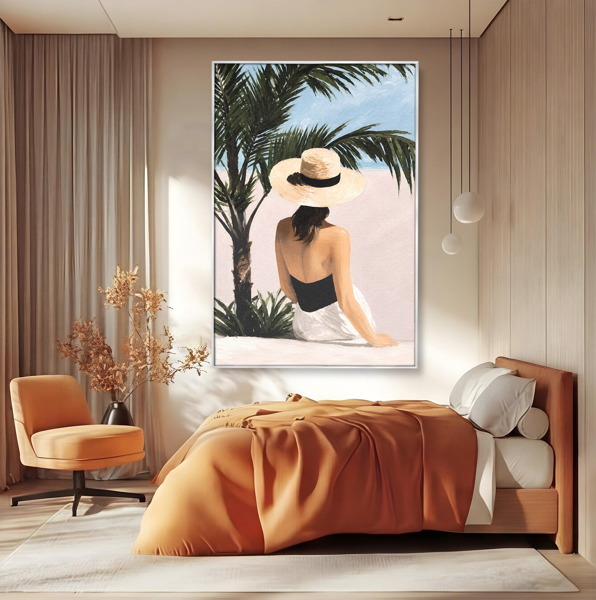 Tablou Canvas Premium LuxCanva® G1253, Femeie La Plaja, Femeie, Plaja, Palarii, Relaxare, Living, Culori Vibrante