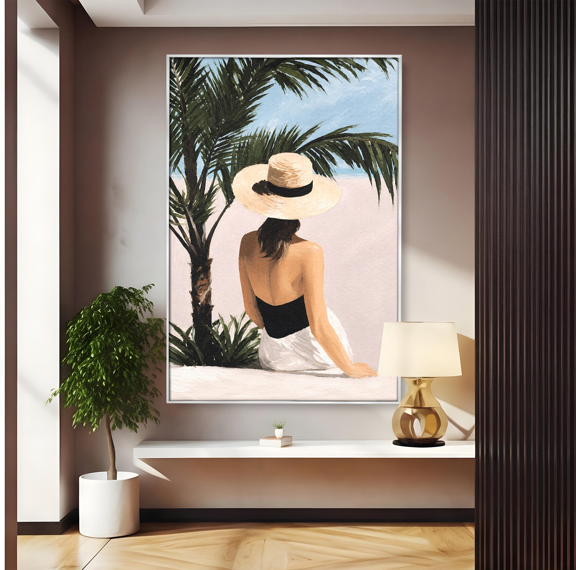 Tablou Canvas Premium LuxCanva® G1253, Femeie La Plaja, Femeie, Plaja, Palarii, Relaxare, Living, Culori Vibrante