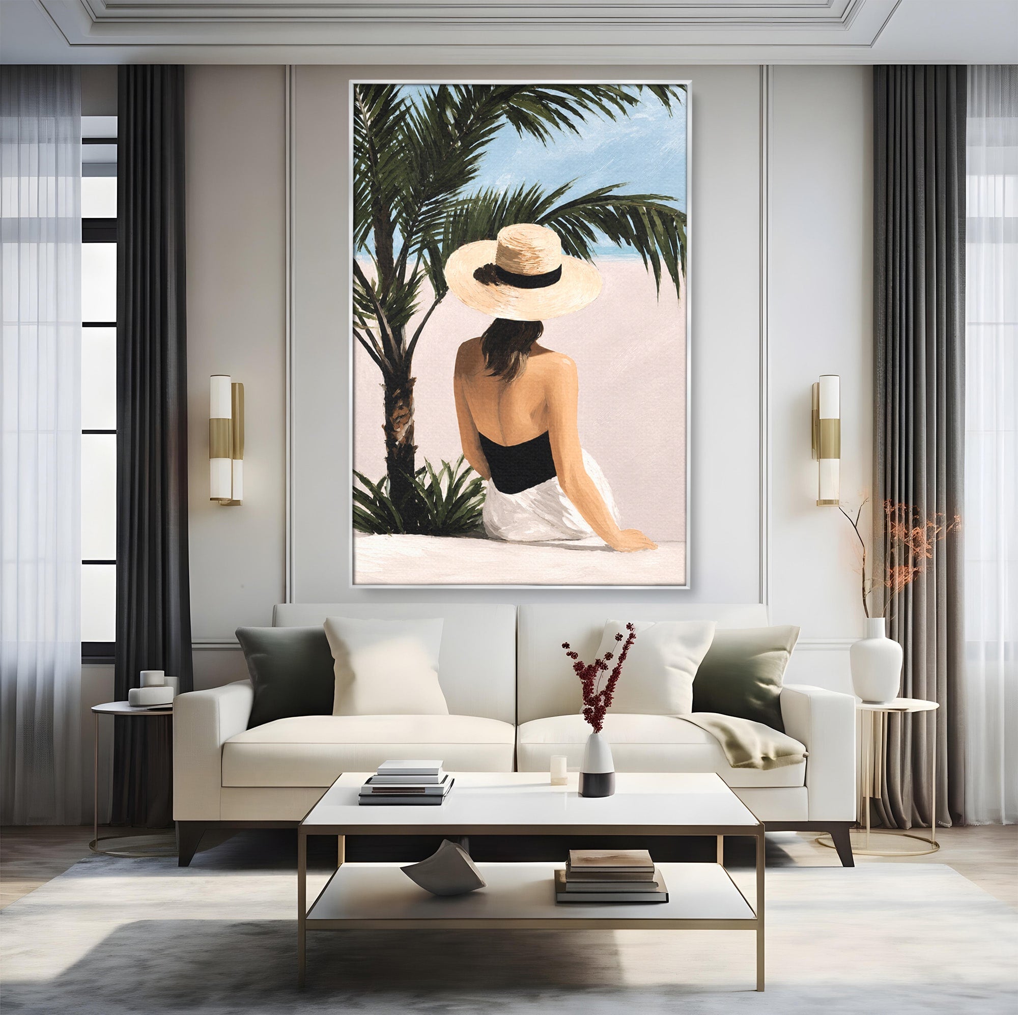 Tablou Canvas Premium LuxCanva® G1253, Femeie La Plaja, Femeie, Plaja, Palarii, Relaxare, Living, Culori Vibrante