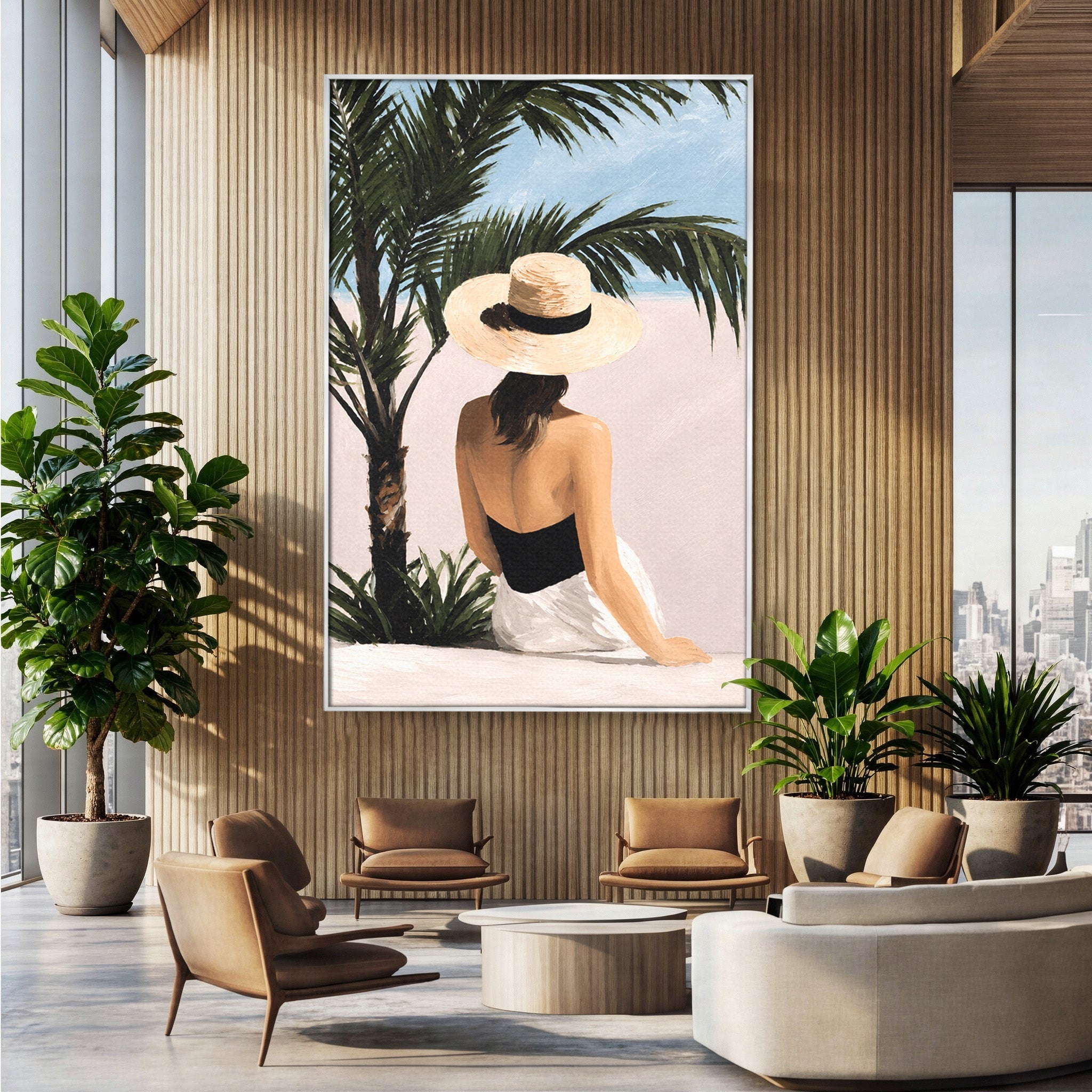 Tablou Canvas Premium LuxCanva® G1253, Femeie La Plaja, Femeie, Plaja, Palarii, Relaxare, Living, Culori Vibrante
