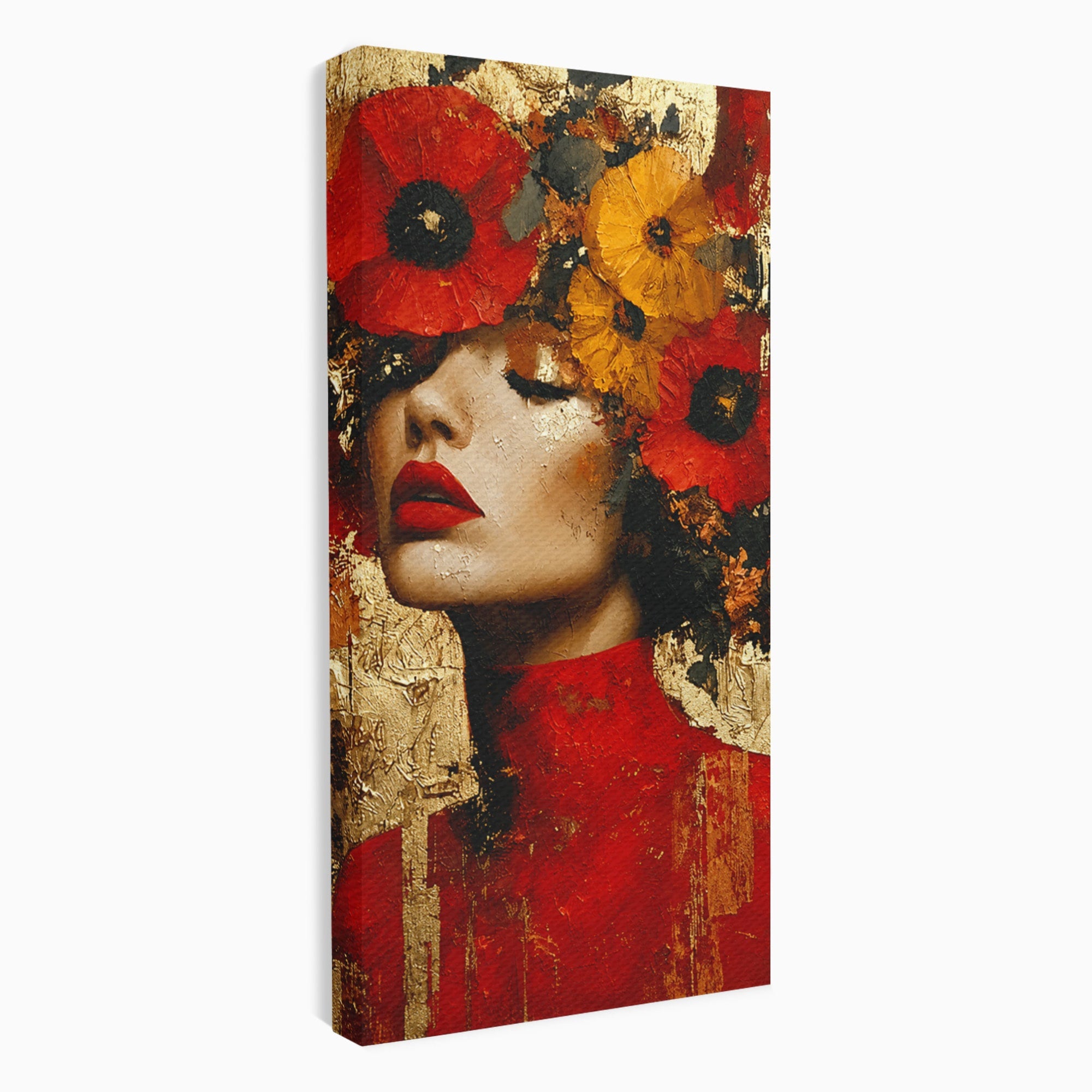 Tablou Canvas Premium LuxCanva® G1255, Misterul Macilor Aurii, Portret, Femeie, Mac, Arta Abstracta, Dormitor, Culori Vibrante