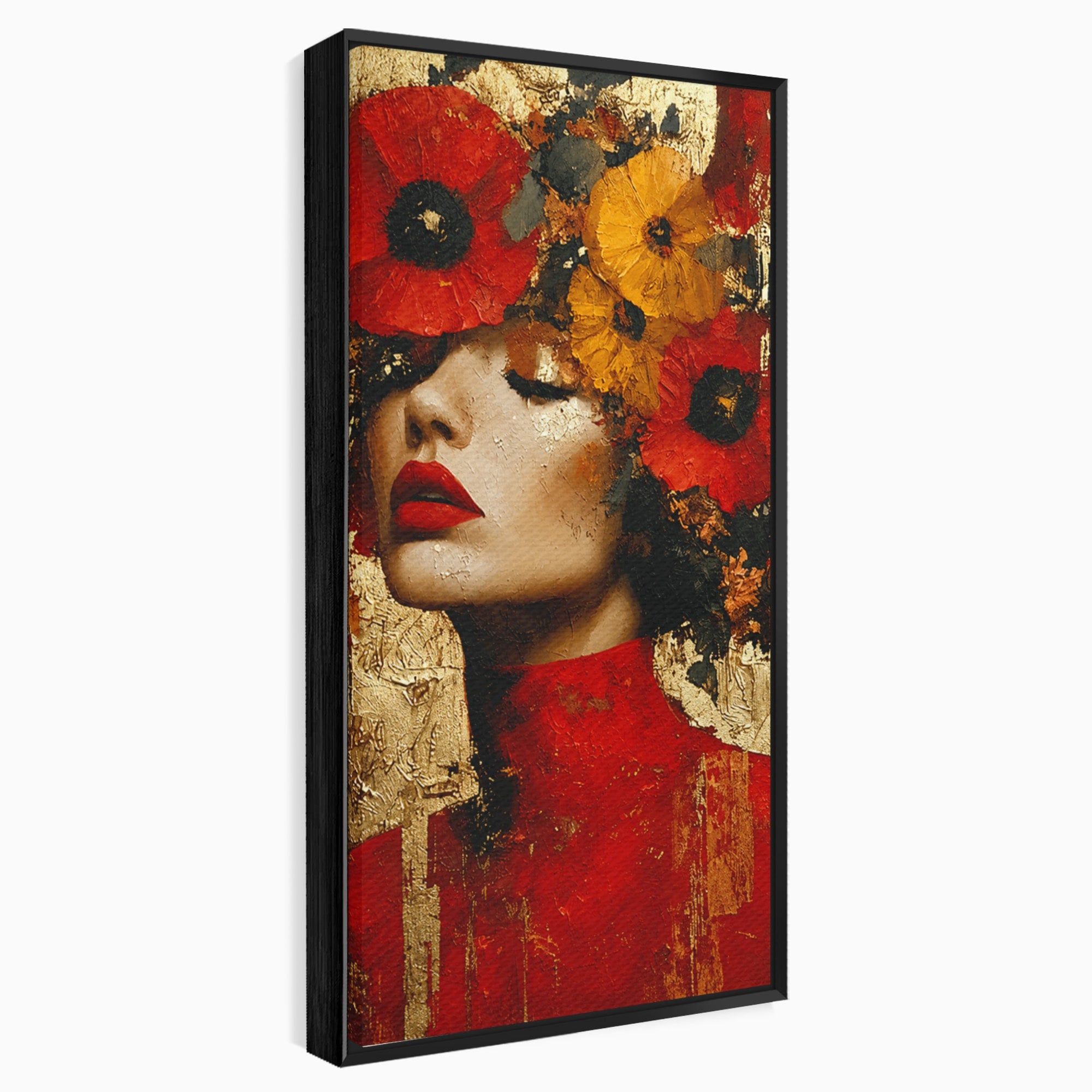 Tablou Canvas Premium LuxCanva® G1255, Misterul Macilor Aurii, Portret, Femeie, Mac, Arta Abstracta, Dormitor, Culori Vibrante