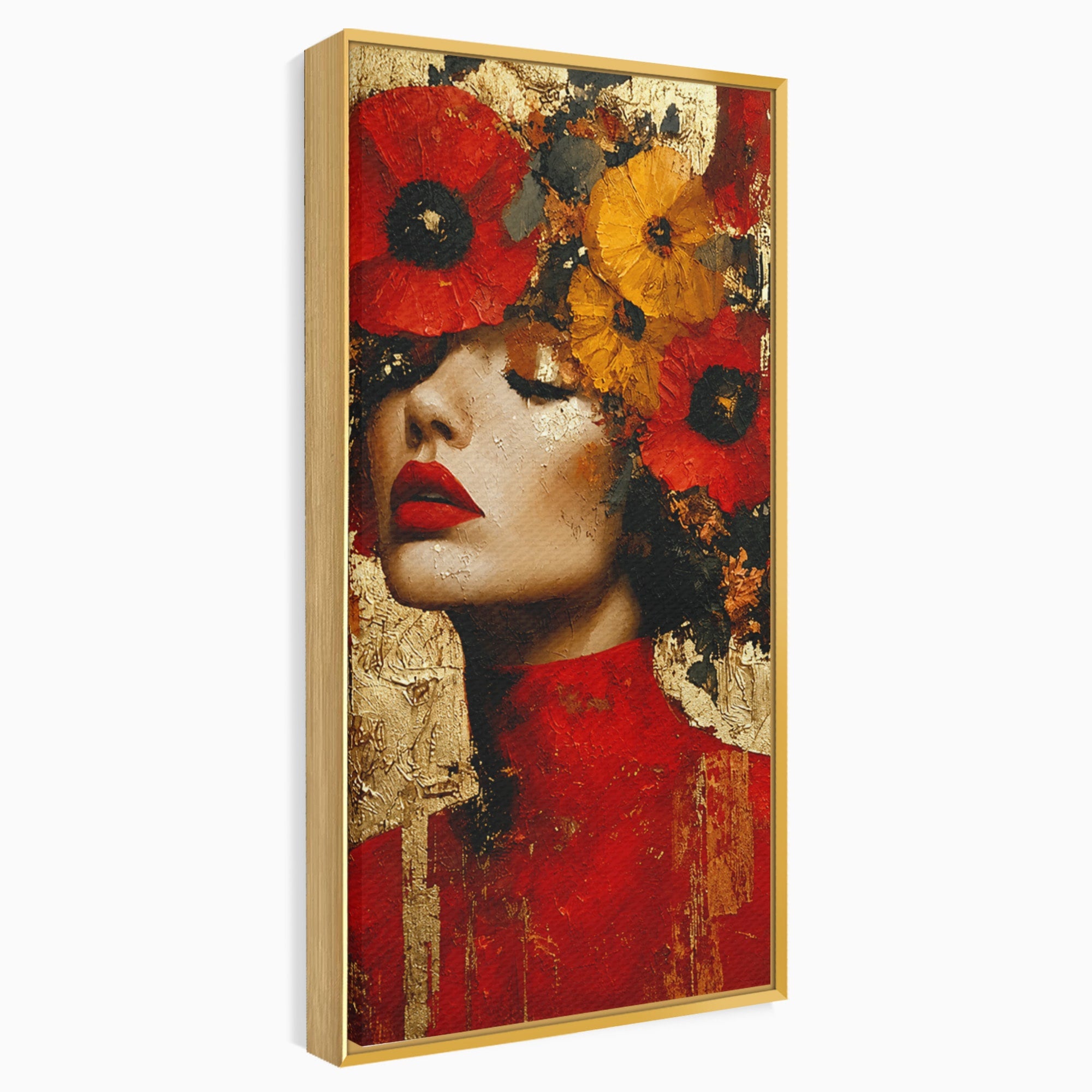 Tablou Canvas Premium LuxCanva® G1255, Misterul Macilor Aurii, Portret, Femeie, Mac, Arta Abstracta, Dormitor, Culori Vibrante