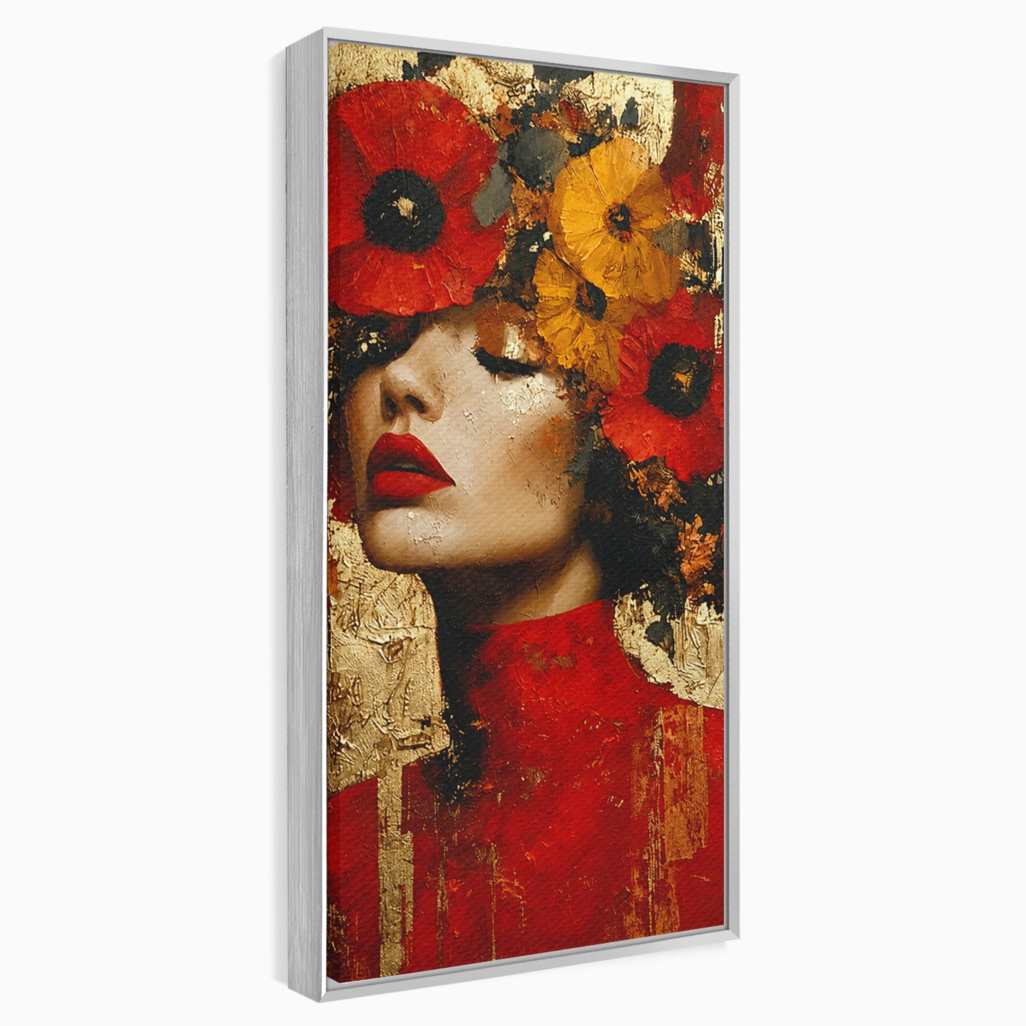Tablou Canvas Premium LuxCanva® G1255, Misterul Macilor Aurii, Portret, Femeie, Mac, Arta Abstracta, Dormitor, Culori Vibrante