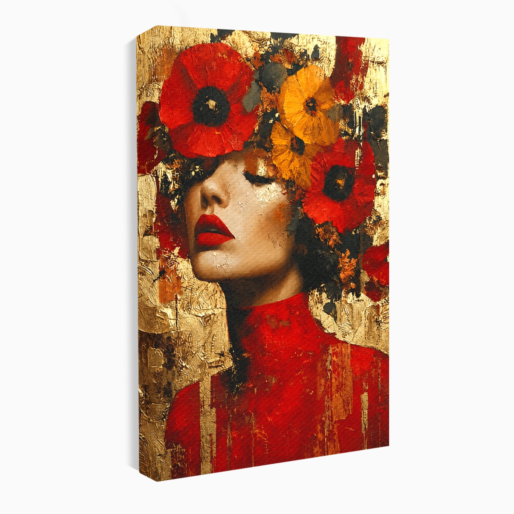 Tablou Canvas Premium LuxCanva® G1255, Misterul Macilor Aurii, Portret, Femeie, Mac, Arta Abstracta, Dormitor, Culori Vibrante