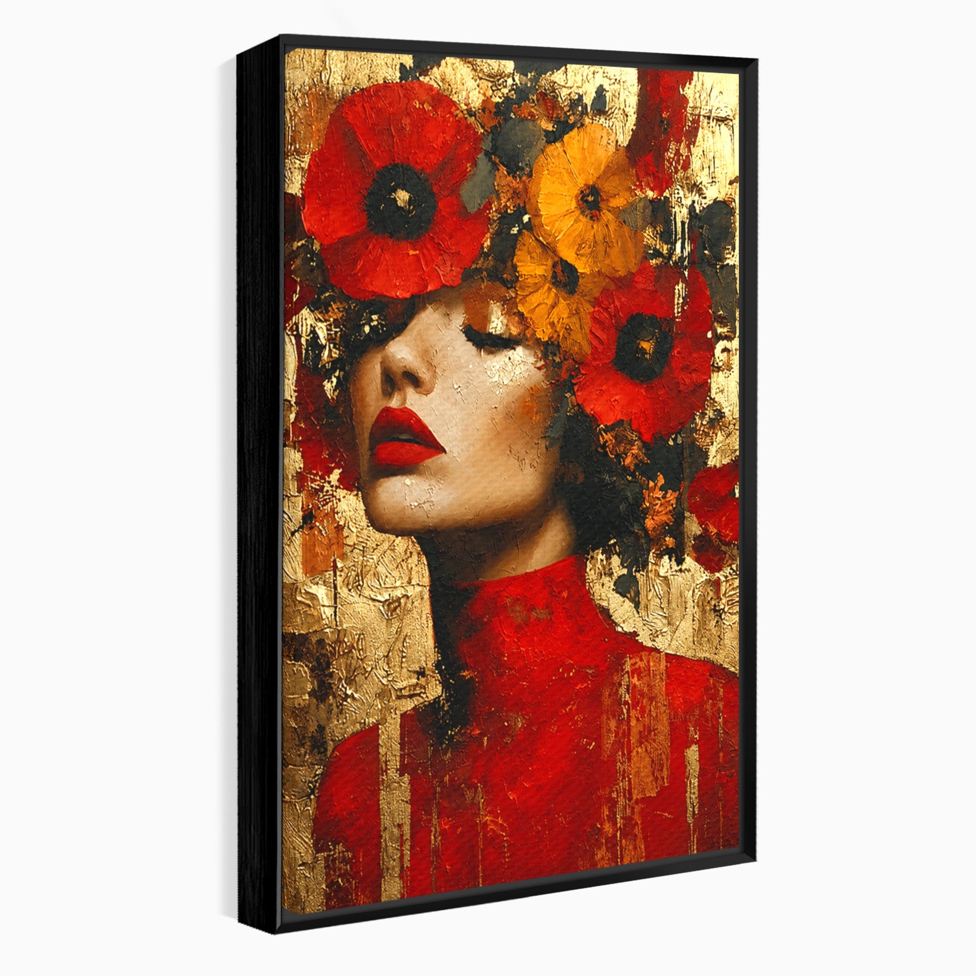 Tablou Canvas Premium LuxCanva® G1255, Misterul Macilor Aurii, Portret, Femeie, Mac, Arta Abstracta, Dormitor, Culori Vibrante
