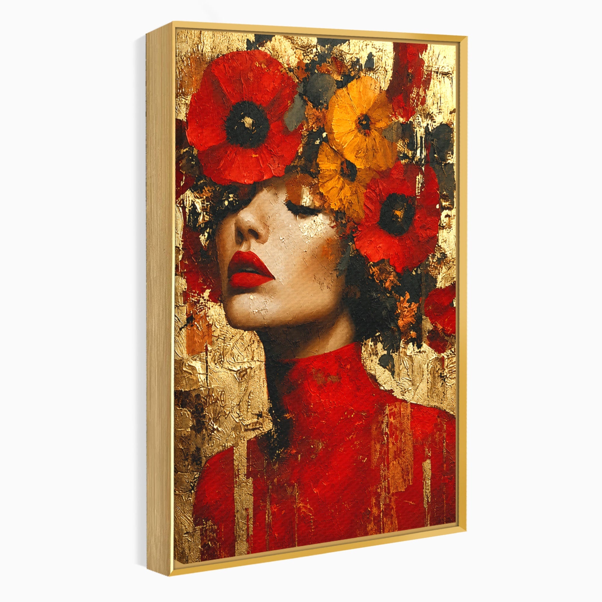 Tablou Canvas Premium LuxCanva® G1255, Misterul Macilor Aurii, Portret, Femeie, Mac, Arta Abstracta, Dormitor, Culori Vibrante