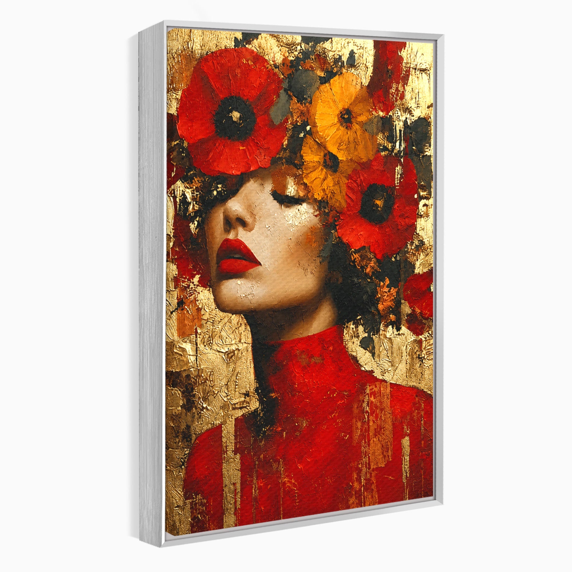 Tablou Canvas Premium LuxCanva® G1255, Misterul Macilor Aurii, Portret, Femeie, Mac, Arta Abstracta, Dormitor, Culori Vibrante