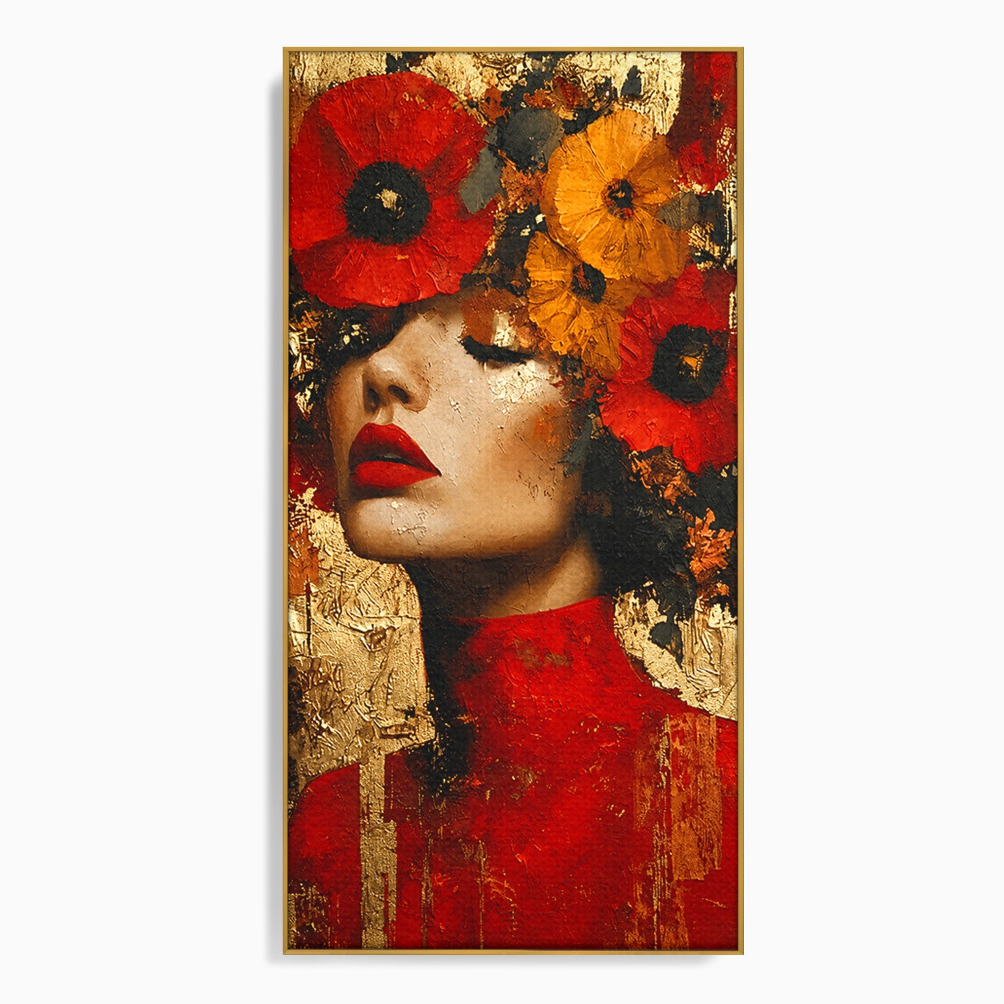 Tablou Canvas Premium LuxCanva® G1255, Misterul Macilor Aurii, Portret, Femeie, Mac, Arta Abstracta, Dormitor, Culori Vibrante