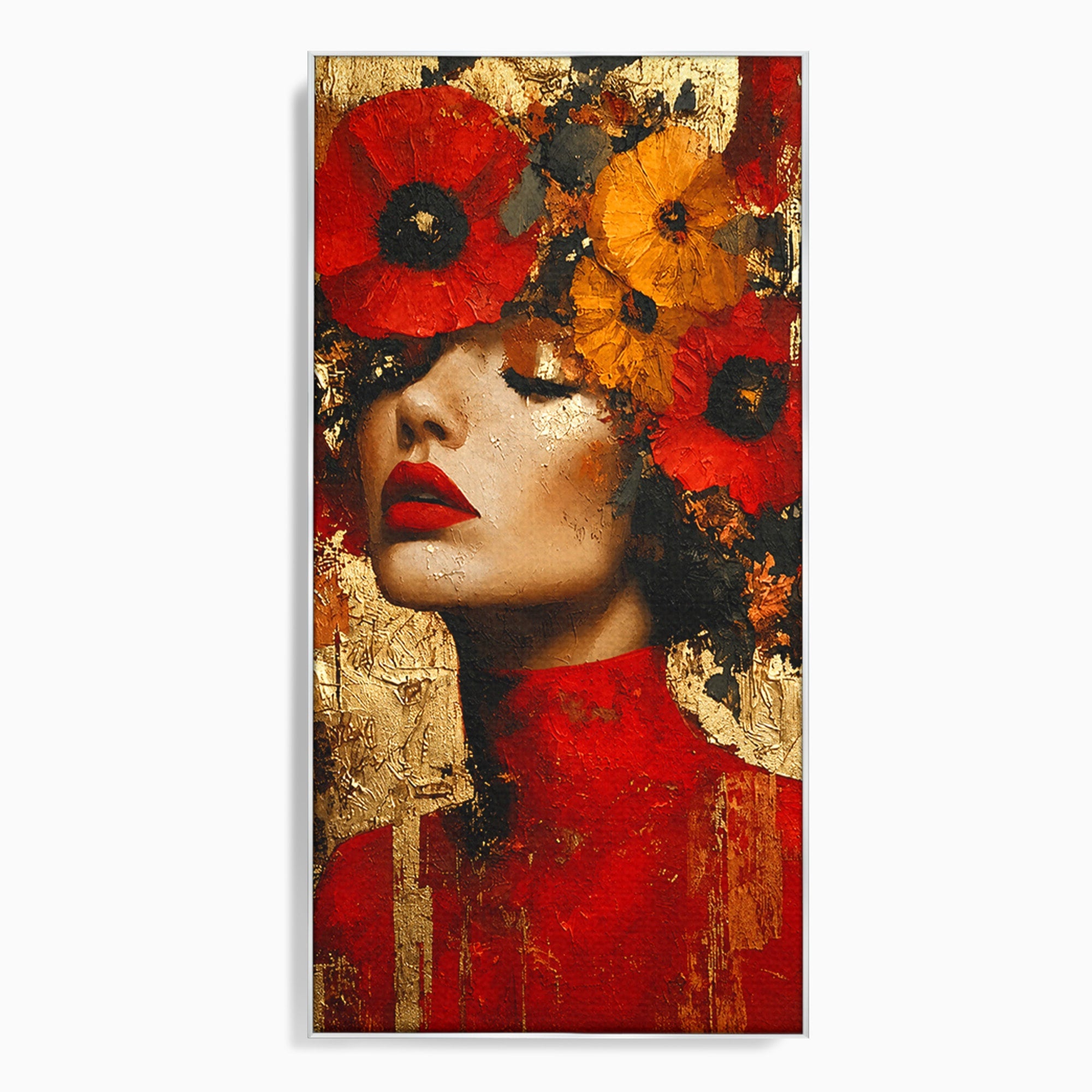 Tablou Canvas Premium LuxCanva® G1255, Misterul Macilor Aurii, Portret, Femeie, Mac, Arta Abstracta, Dormitor, Culori Vibrante