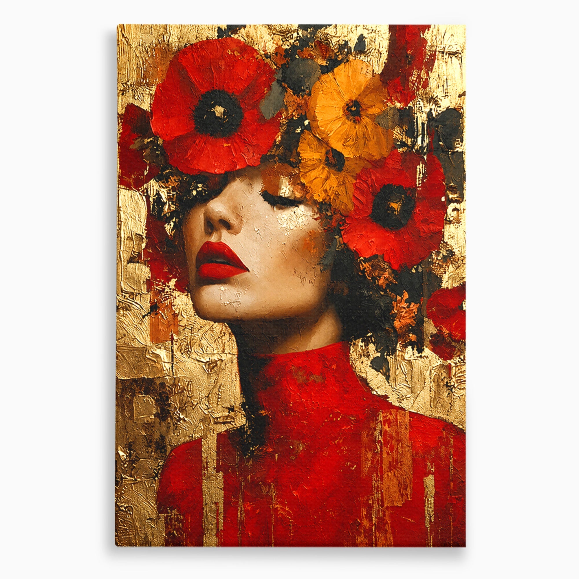 Tablou Canvas Premium LuxCanva® G1255, Misterul Macilor Aurii, Portret, Femeie, Mac, Arta Abstracta, Dormitor, Culori Vibrante