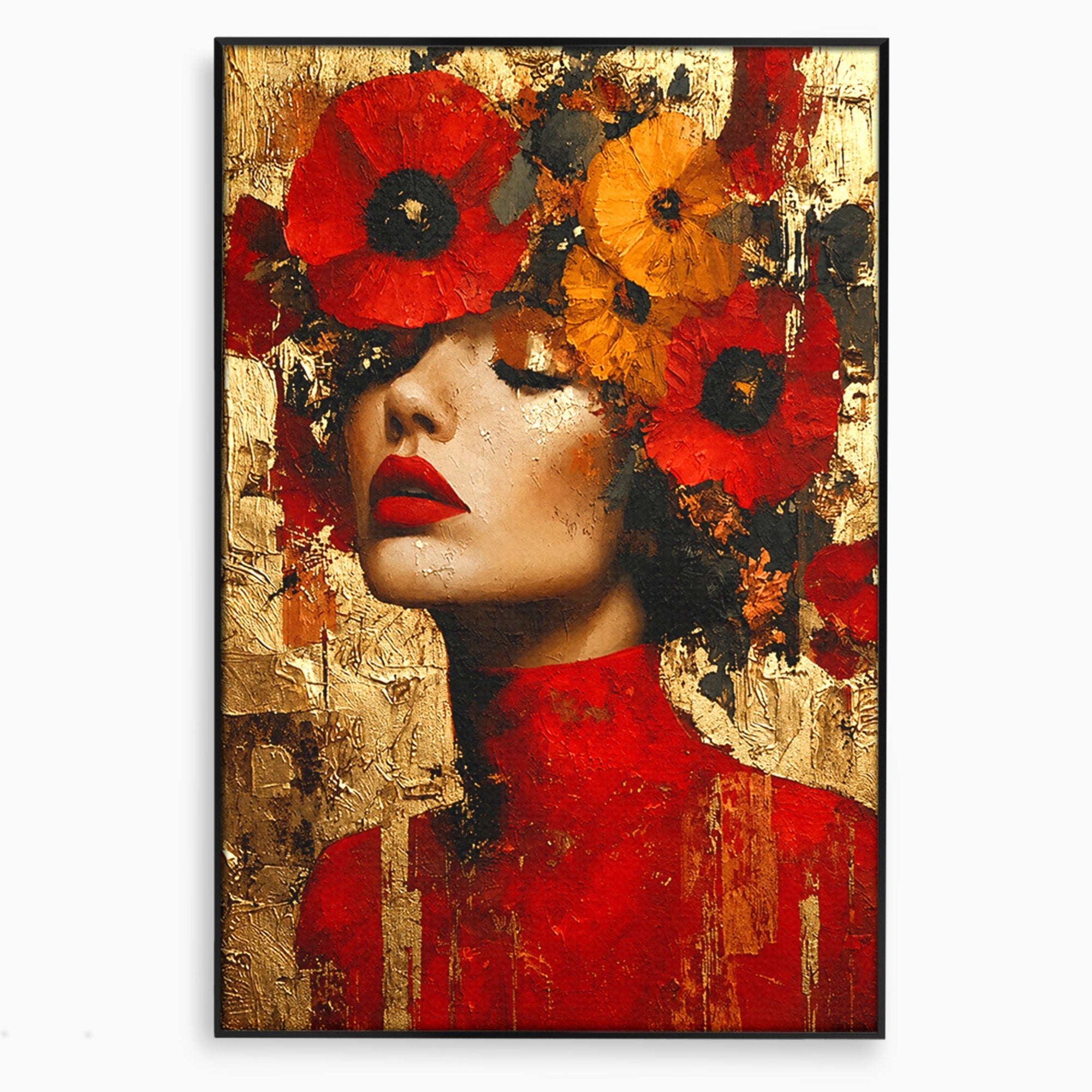 Tablou Canvas Premium LuxCanva® G1255, Misterul Macilor Aurii, Portret, Femeie, Mac, Arta Abstracta, Dormitor, Culori Vibrante