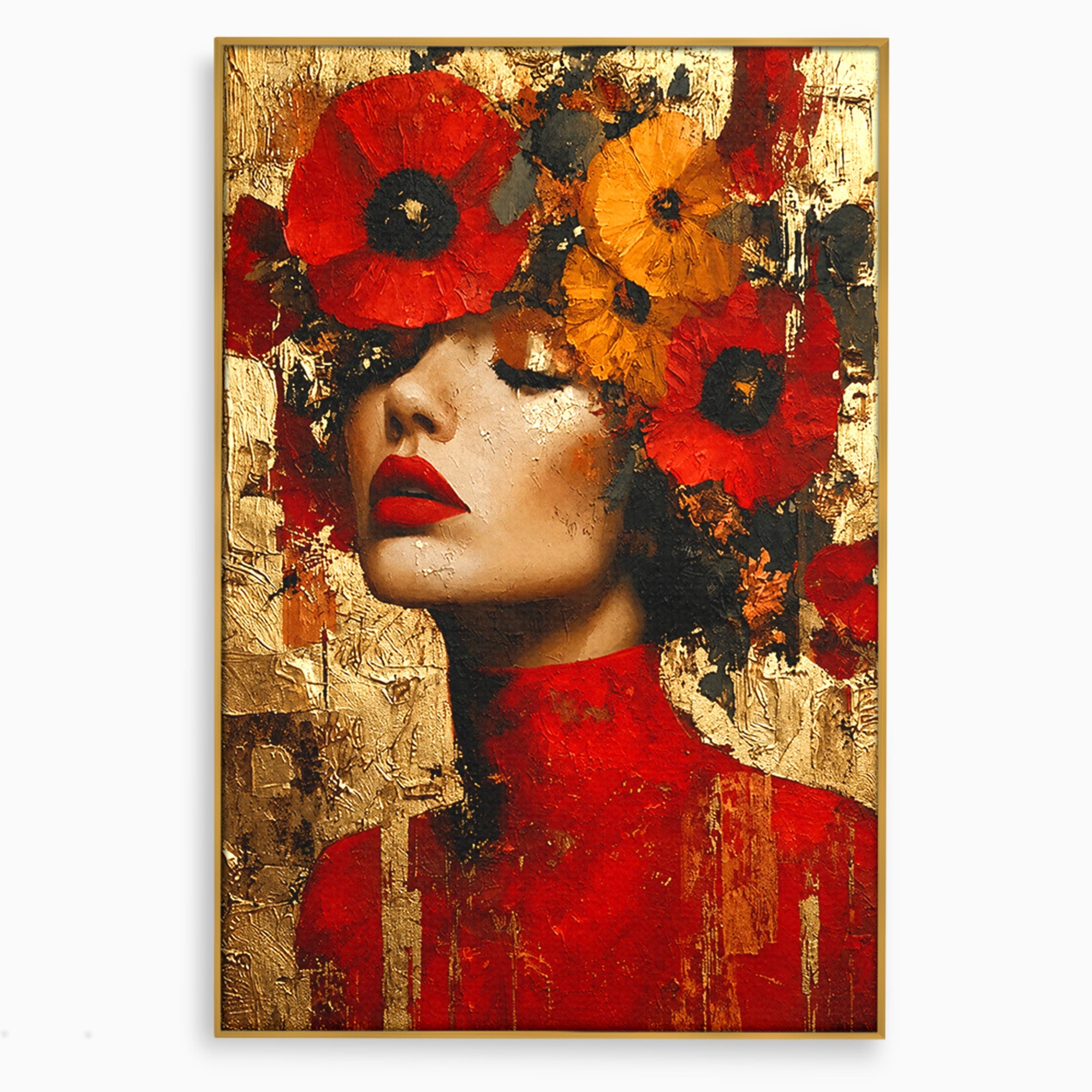 Tablou Canvas Premium LuxCanva® G1255, Misterul Macilor Aurii, Portret, Femeie, Mac, Arta Abstracta, Dormitor, Culori Vibrante