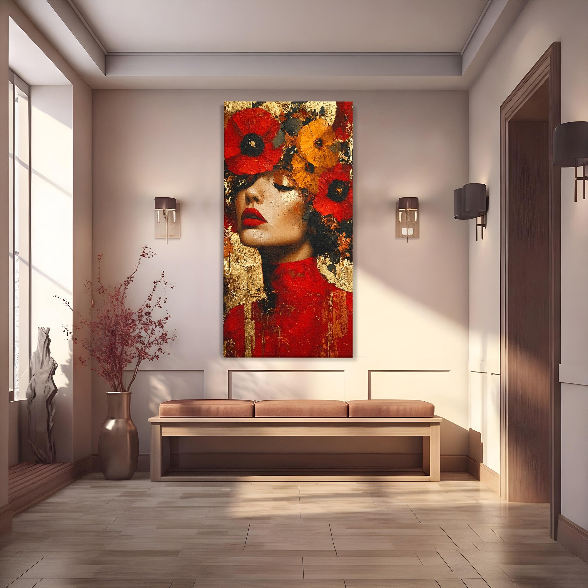 Tablou Canvas Premium LuxCanva® G1255, Misterul Macilor Aurii, Portret, Femeie, Mac, Arta Abstracta, Dormitor, Culori Vibrante