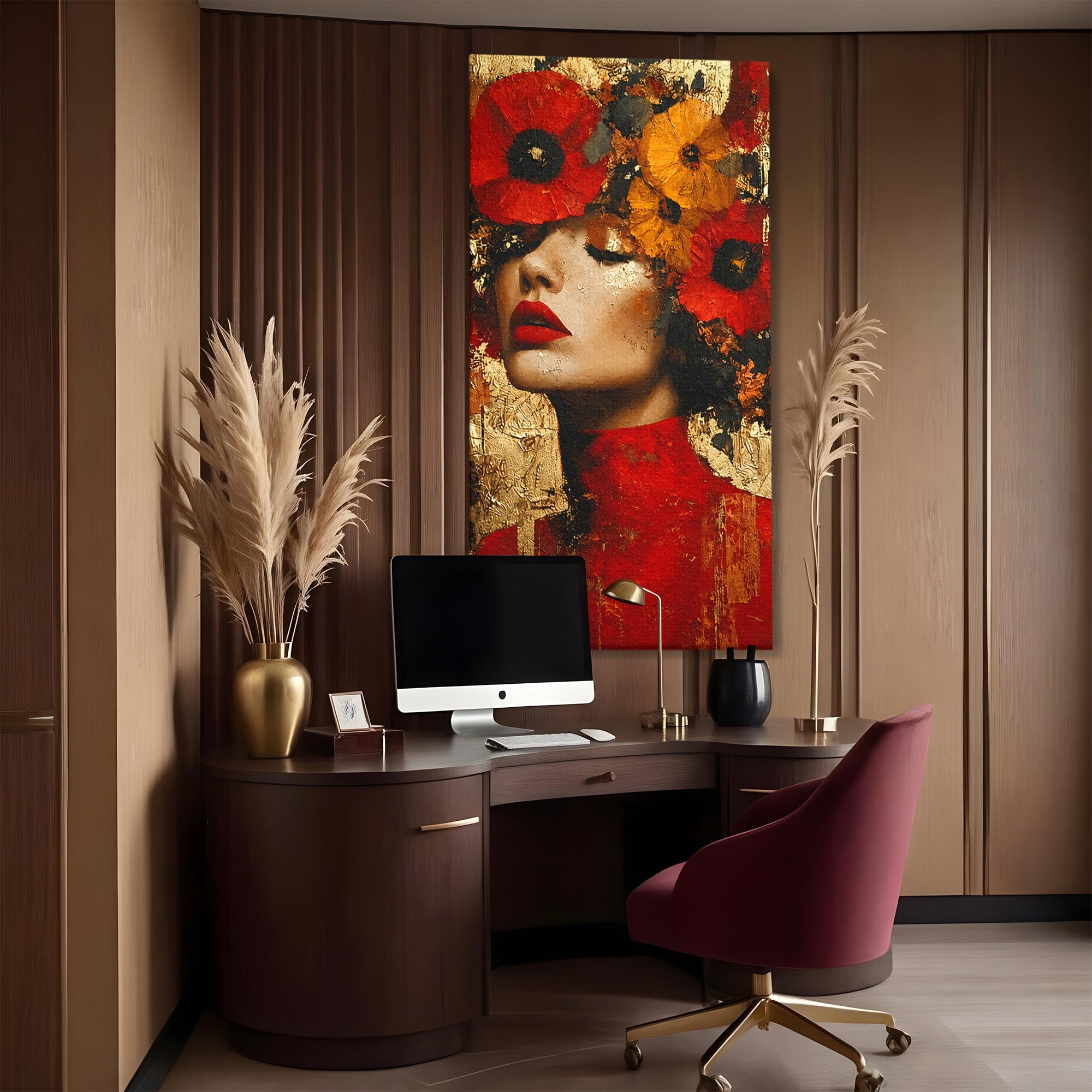 Tablou Canvas Premium LuxCanva® G1255, Misterul Macilor Aurii, Portret, Femeie, Mac, Arta Abstracta, Dormitor, Culori Vibrante